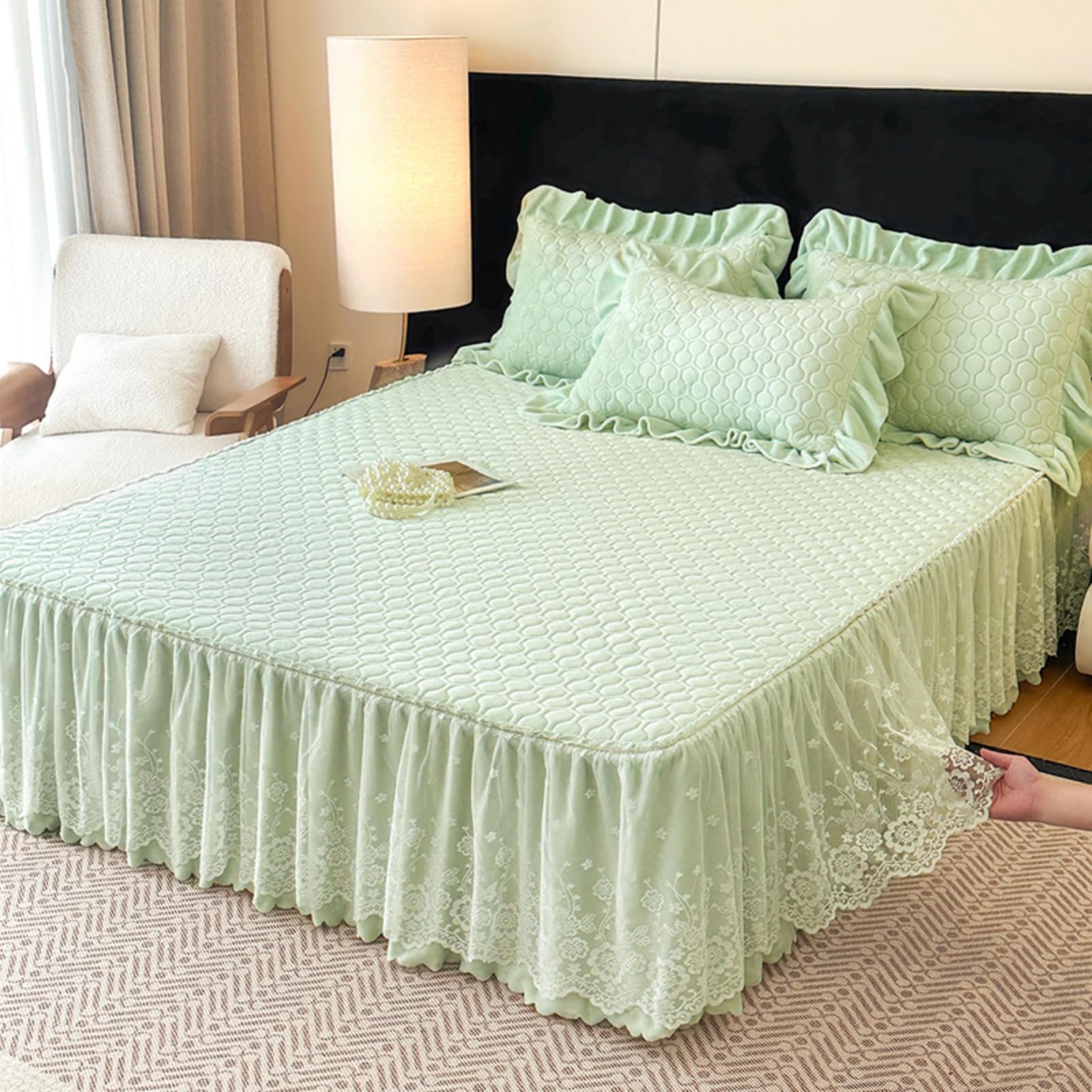 Surwin Drap Housse Doux Jupe de Lit a Volant Couleur Unie (Vert,150x200cm)