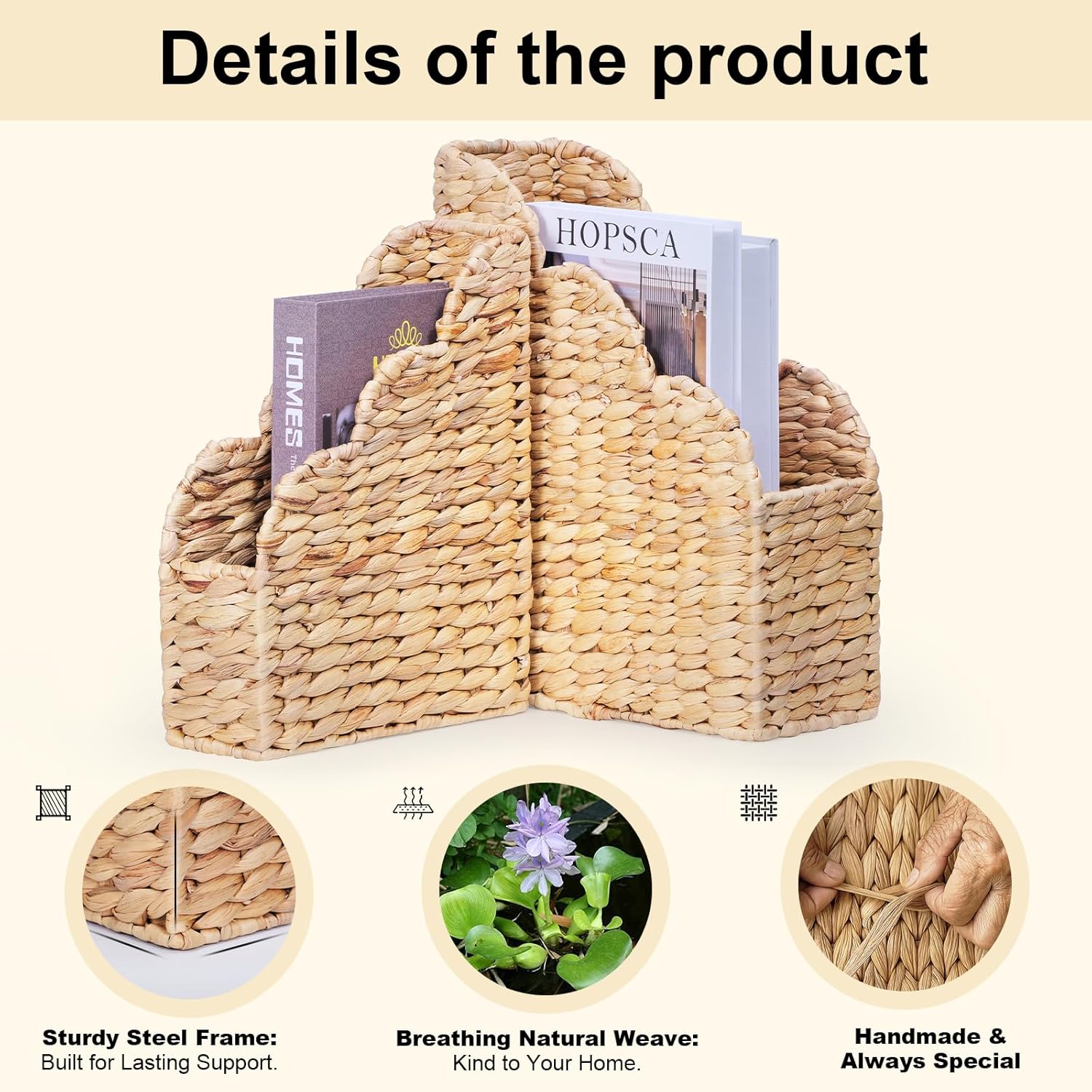 BROWNLILY Water Hyacinth Magazine Holders with Scalloped Edge - Natural Handwoven Rattan Storage Baskets Set of 2 (Large & Small) for Books, Home Office Decor