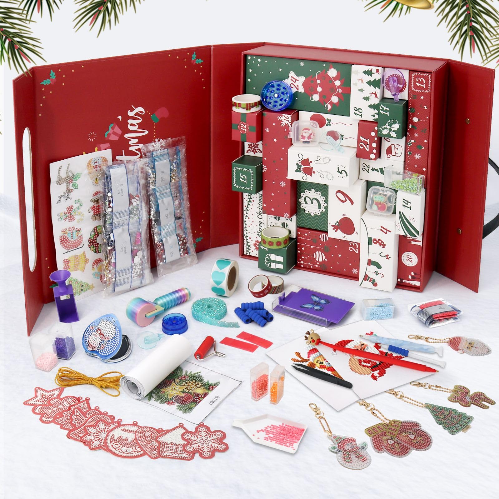 CustmArti Set di calendario dell'Avvento fai da te per bambini, con 24 scomparti, con brillantini e cristalli, decorazione per le vacanze, B
