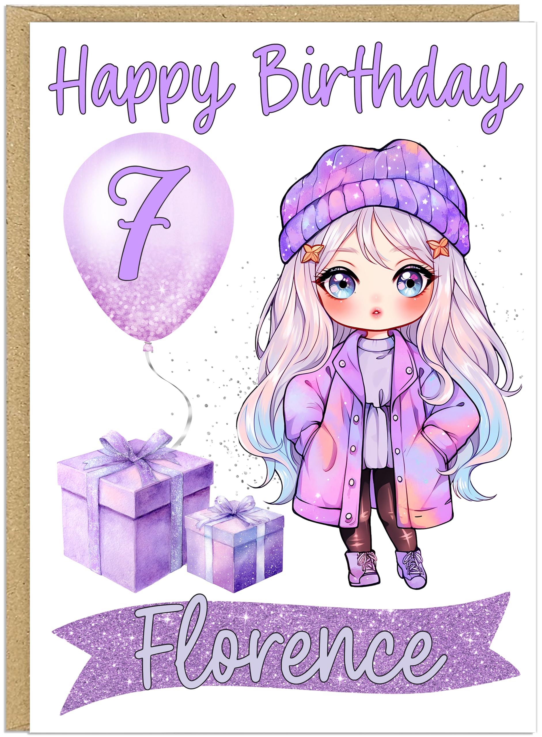 Personalised Age Girls Rainbow Doll Happy Birthday Cards - Own Name & Age In Balloon 5 Cute & Fun Doll Designs Pastel Pink Mint Purple Colourful Cards For Her (Purple)
