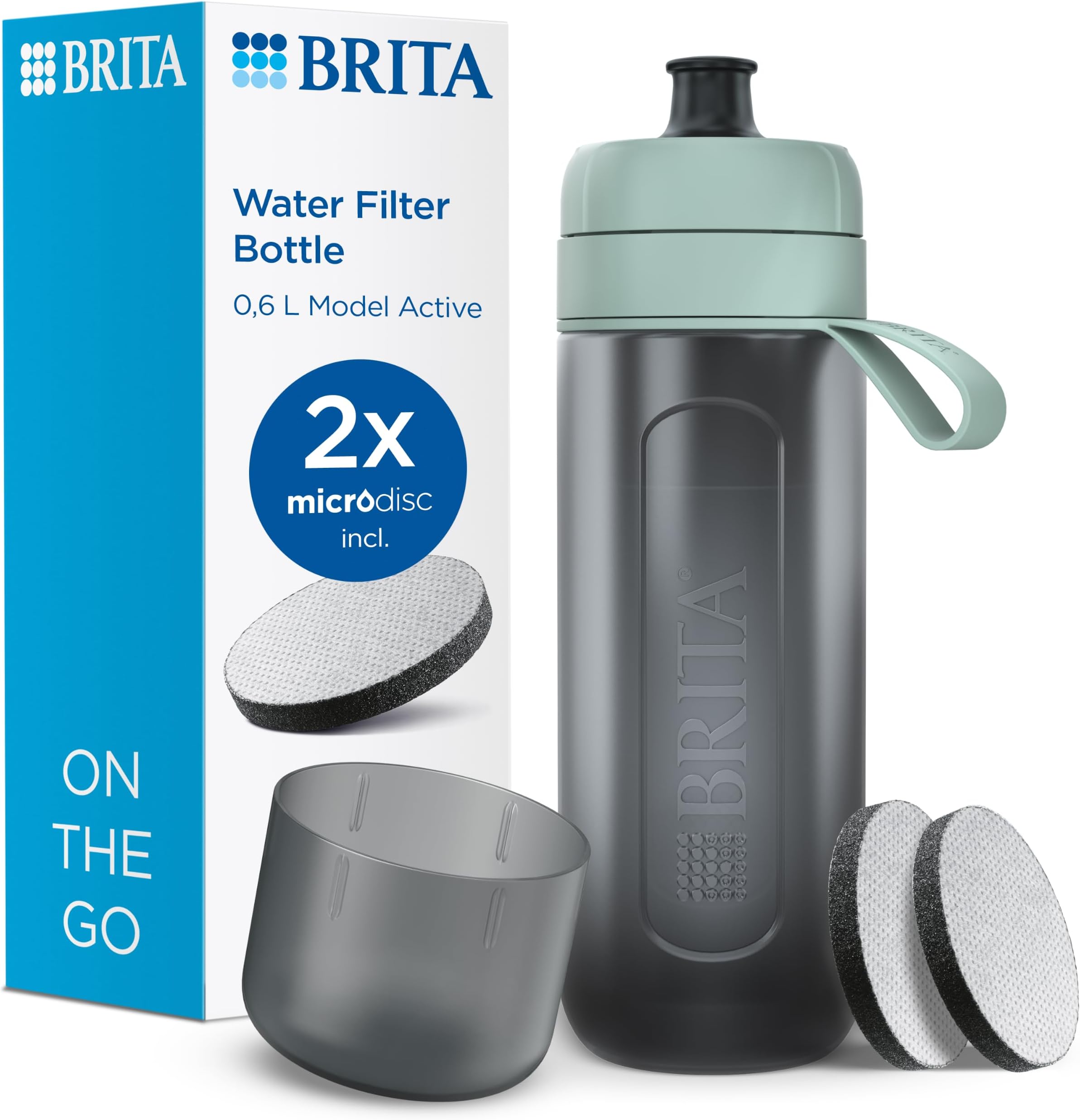 BRITA Sports Water Filter Bottle Model Active (600ml), 2x MicroDisc Filters