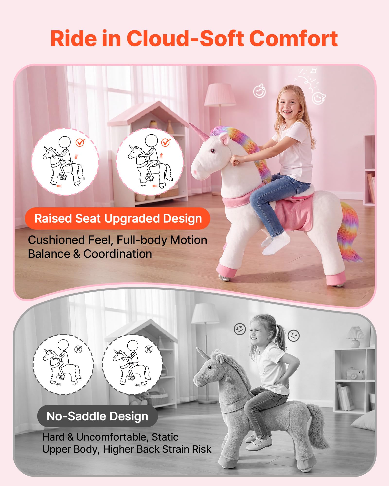 VEVOR Unicorno Cavalcabile per Bambini, Cavallo Giocattolo Cavalcabile con Ruote, Senza Batterie, Anello Anti-Ribaltamento, Sedile Rialzato, Maniglie e Pedali, Carico Massimo 80kg, Per Bambini 6+ Anni
