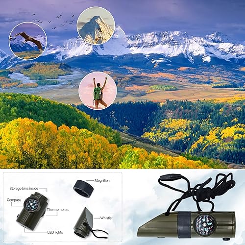 Miniatura 5 de Silbato de supervivencia al aire libre, silbato de alto decibelio con múltiples funciones, incluyendo brújula, reflector, linterna LED,