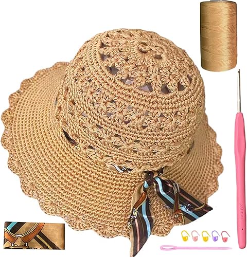 SHENJILL Kit de ganchillo para principiantes, sombrero de sol de ganchillo para mujer, sombrero de playa, kit de punto para principiantes, kit de