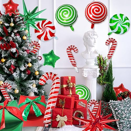 Miniatura 7 de JANEF 32 globos de papel de aluminio de Navidad, globos grandes de remolino de bastón de caramelo rojo, blanco, verde, globos de papel de aluminio