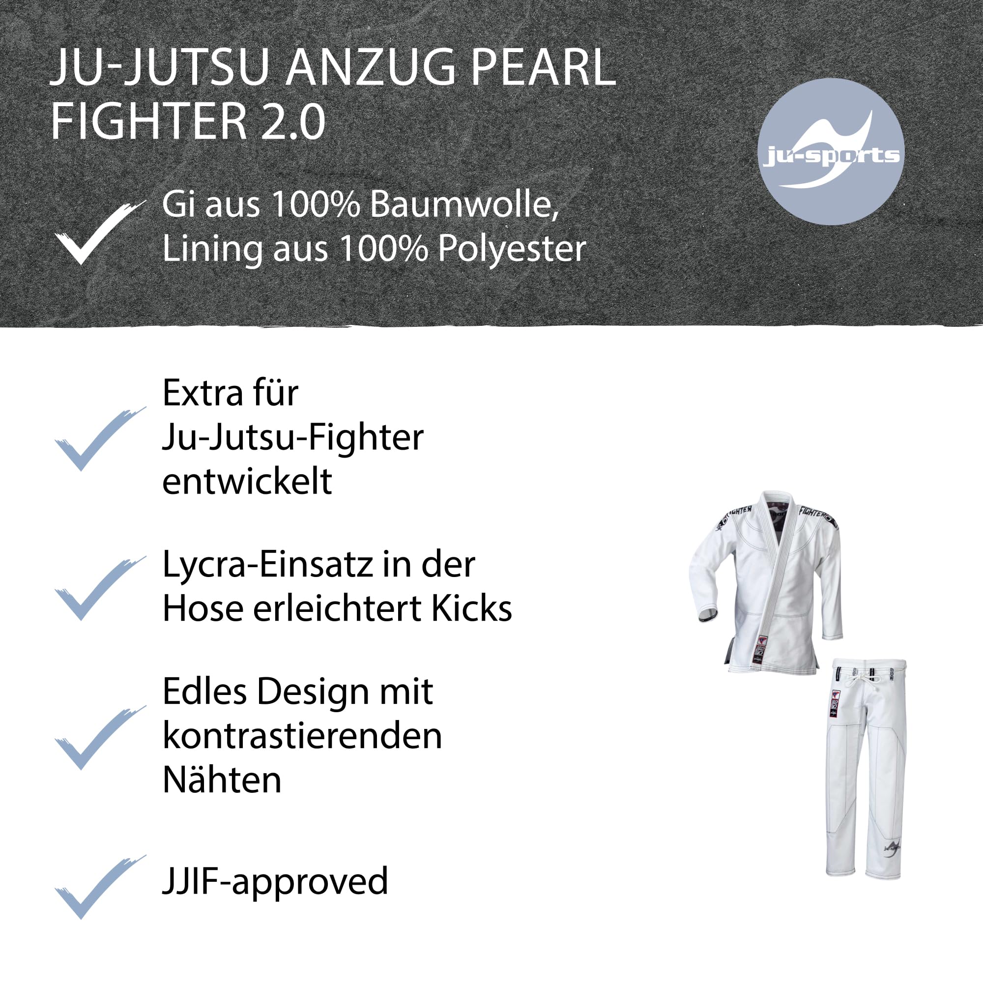 Ju-Sports Pearl Fighter 2.0 Jujutsu Anzug Herren weiß - Superleichter Gi für hohe Kicks 100% Baumwolle, Sportlicher Schnitt & topmodernes Design