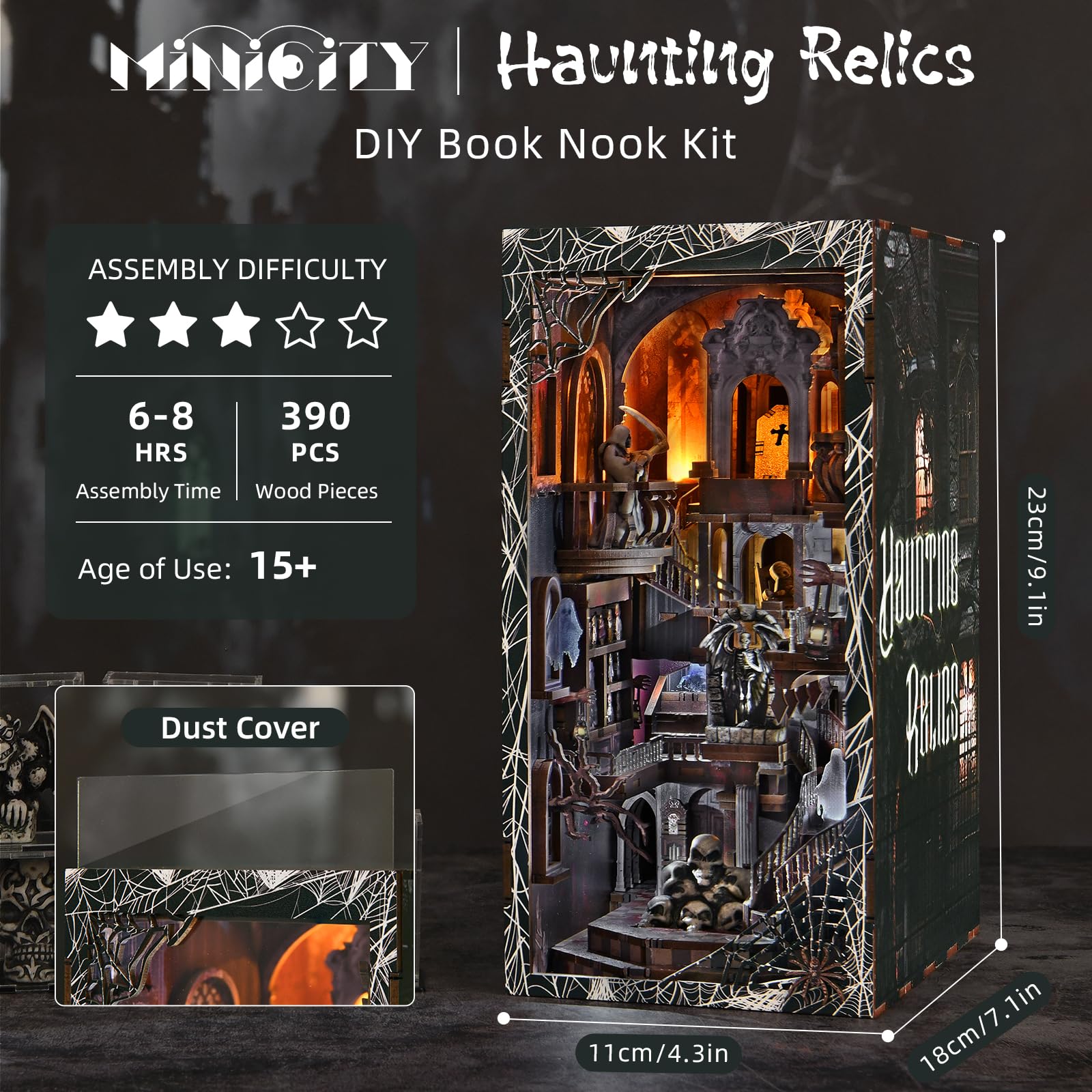 MiniCity DIY 3D Wooden Puzzle Book Nook Bookshelf Insert Decor with LED Light and Dust Cover for Teens and Adults(Haunting Relics) - Image 2
