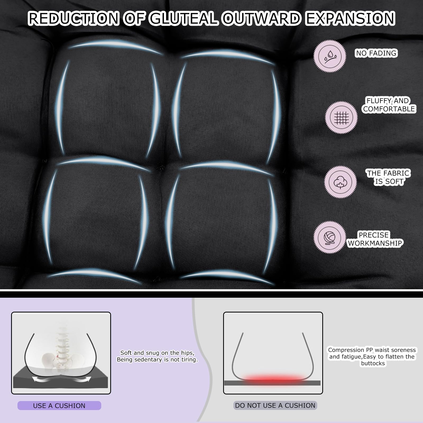 Juego de 4 cojines para silla, 36 x 36 cm, para exteriores, con lazos, para interior y exterior, color negro