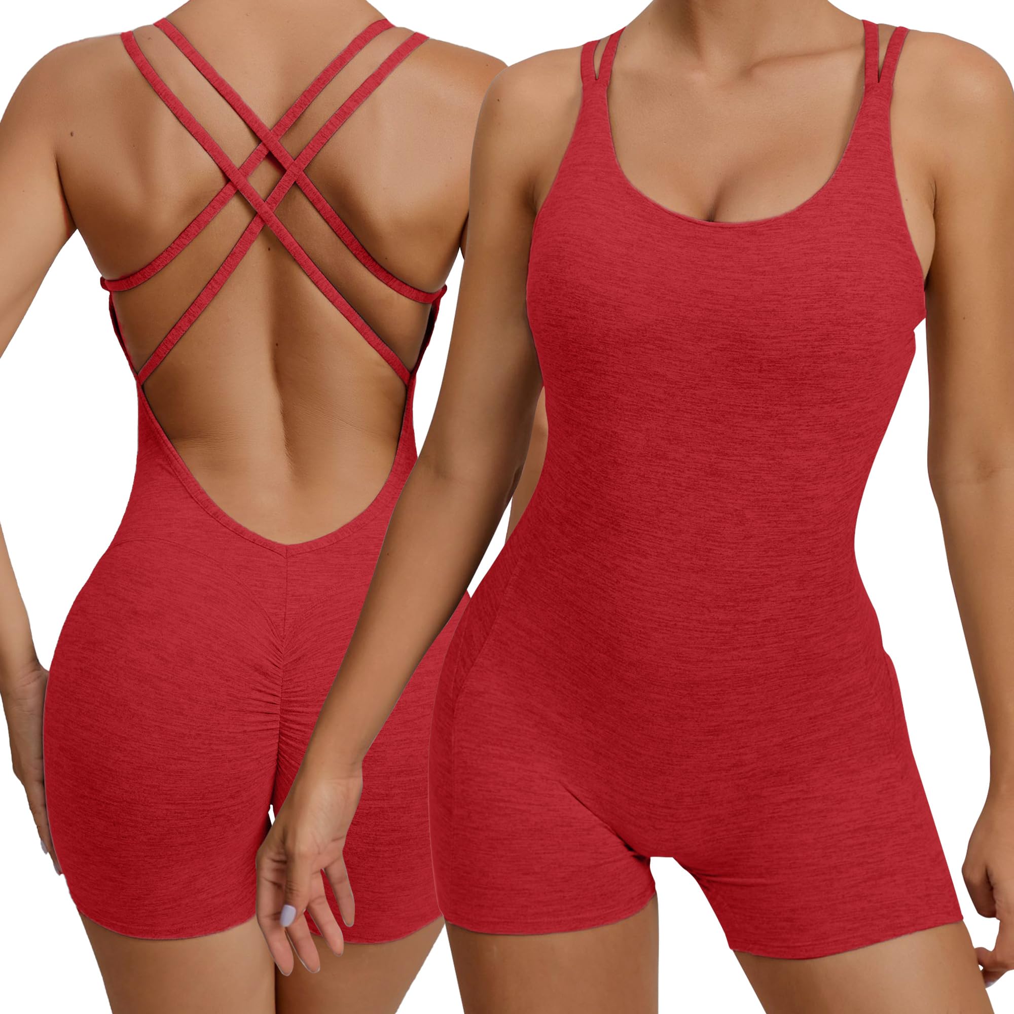 KEOYA Yoga Jumpsuit for Women Butt Lift Backless Romper Square Neck Seamless Shorts Bodysuit