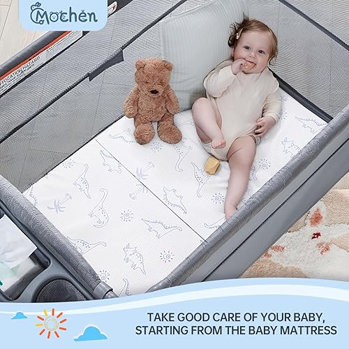 Miniatura 6 de Mochen Pack and Play - Cubrecolchón de espuma viscoelástica transpirable de 38 x 26 pulgadas, con funda extraíble de dinosaurios, colchón grueso
