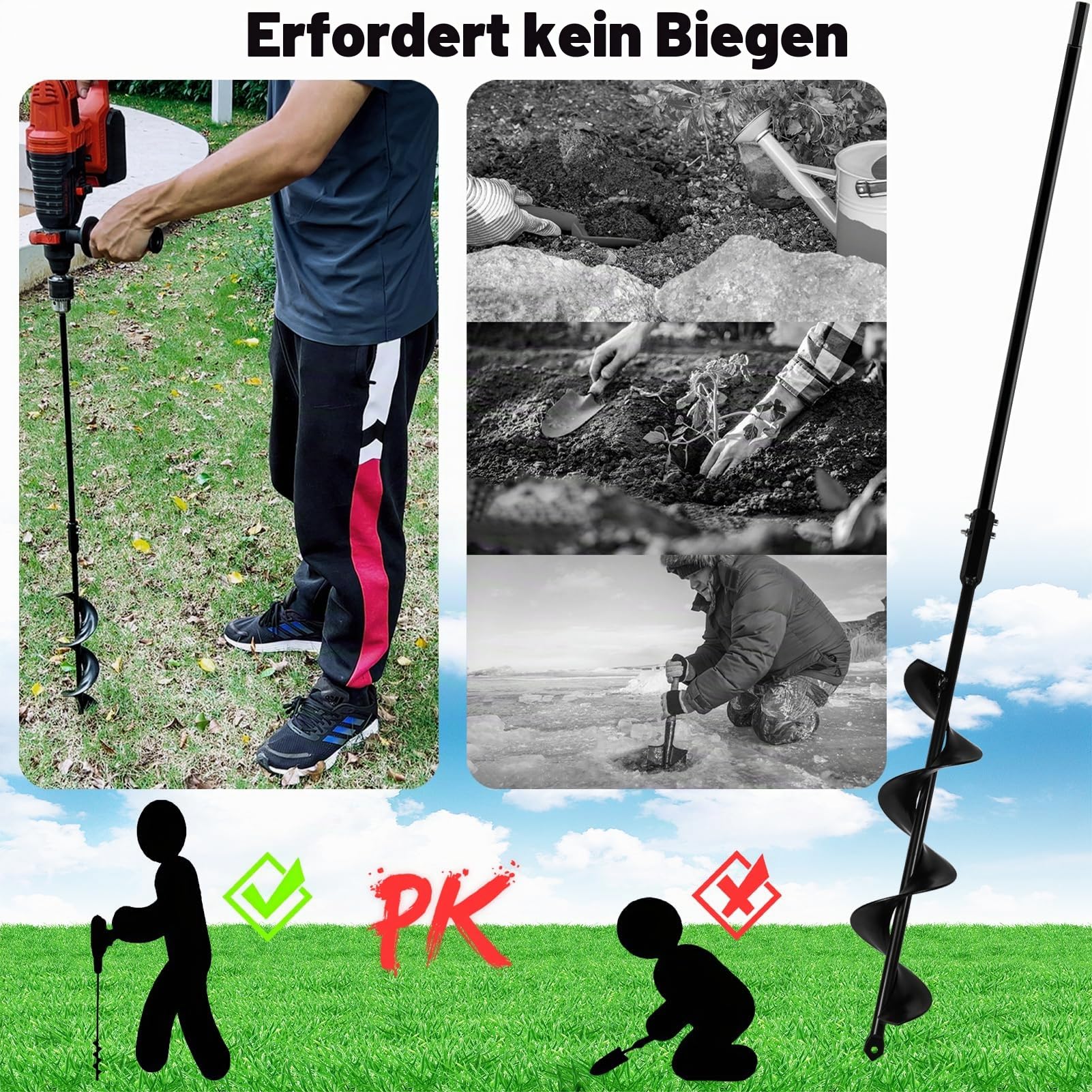 7.5x85cm Gartenbohrer Erdbohrer für Bohrmaschine, Abziehbar Sie Garten Auger Bohrer Bit,Erdlochbohrer zum Löcher Graben,Garten Schnecken Spiralbohrer für 3/8 Zoll Sechskantantriebsbohrer