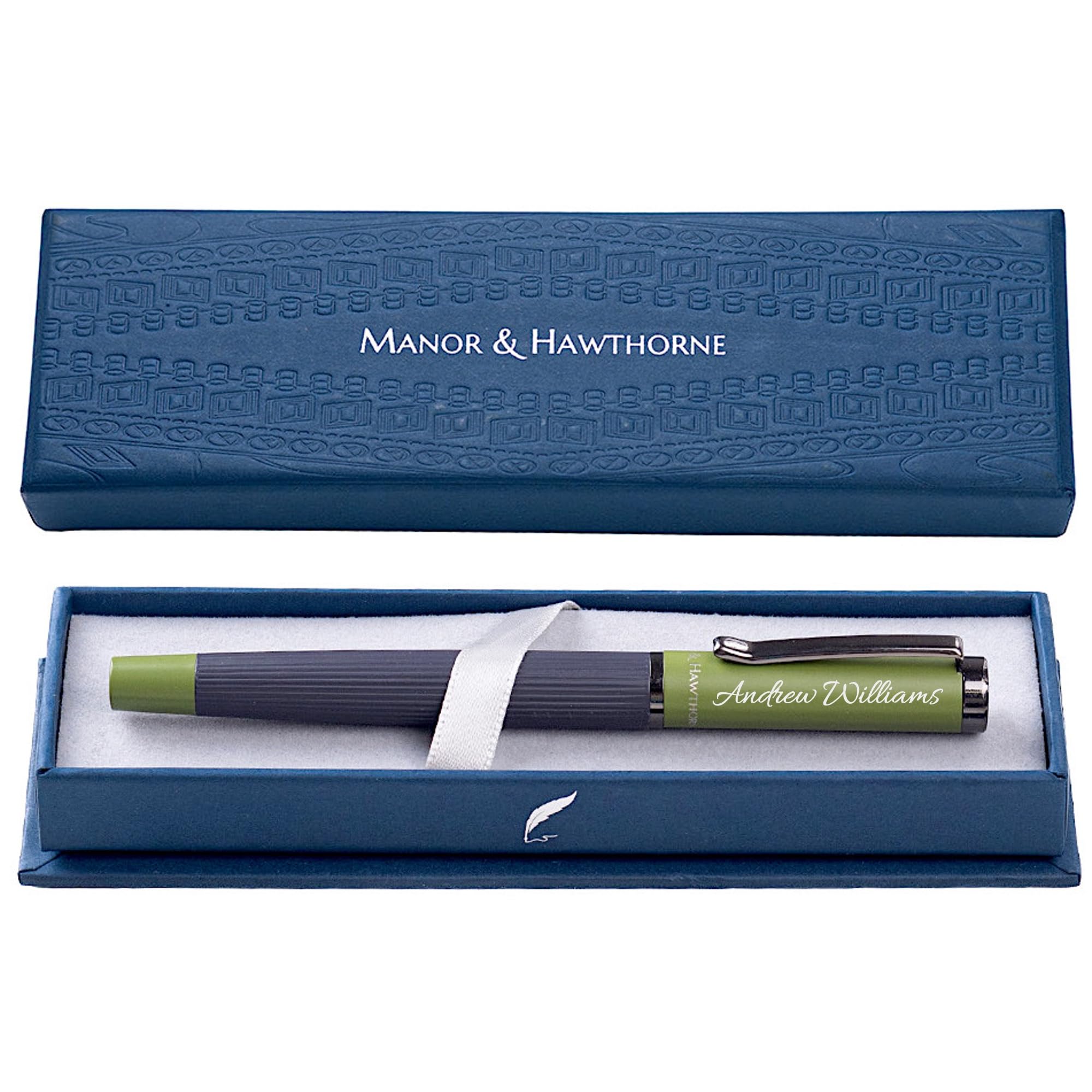 Manor & Hawthorne Personalised Fountain Pen - Engraving Available in Black, Red, Blue, and Green - Gift-Boxed Writing - Black & Blue ink & Converter (Black with Green Cap (Personalised))