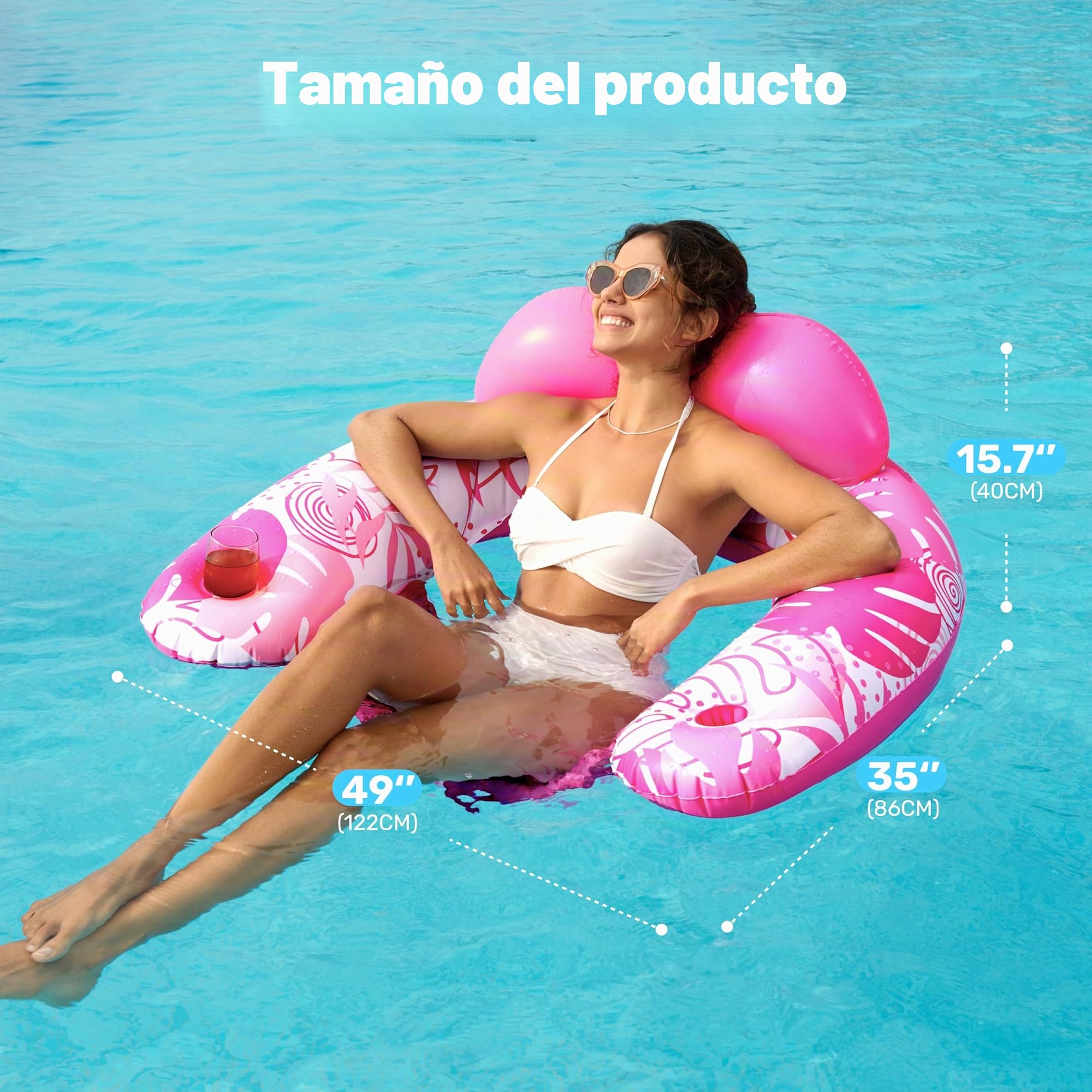 SLOOSH Flotadores Inflables para Adultos, 2 Paquetes de Sillas de Piscina con Portavasos, Silla Flotante Inflable, Hamaca con Diseño de Hojas para Fiesta de Natación de Verano en la Playa, Azul, Verde