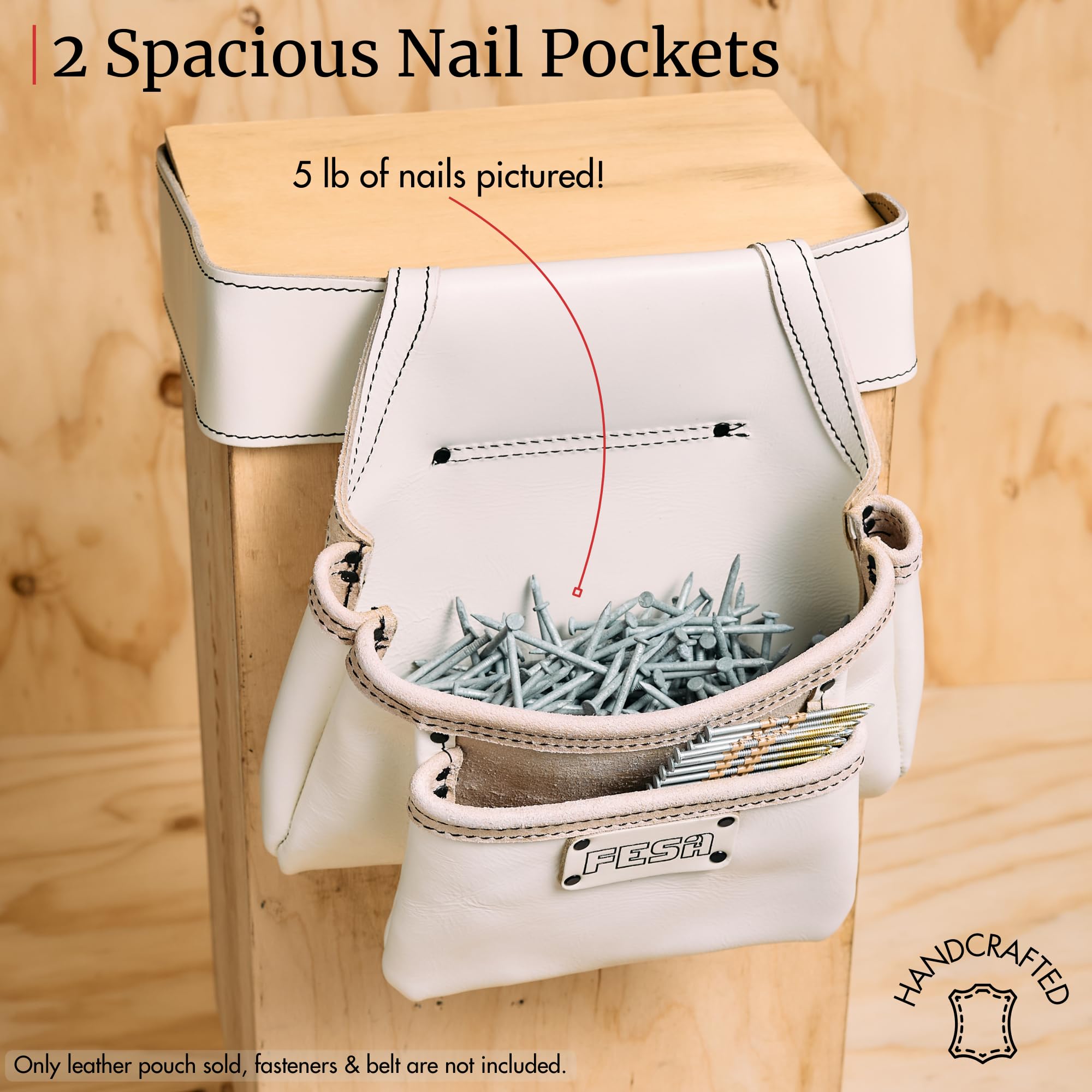 FESA Accesorio de piel para uñas, bolsa de herramientas de cuero de grano superior pesado con 2 bolsillos grandes para clavos y tornillos, bolsa de cierre para cinturones de hasta 3 pulgadas, hecha a