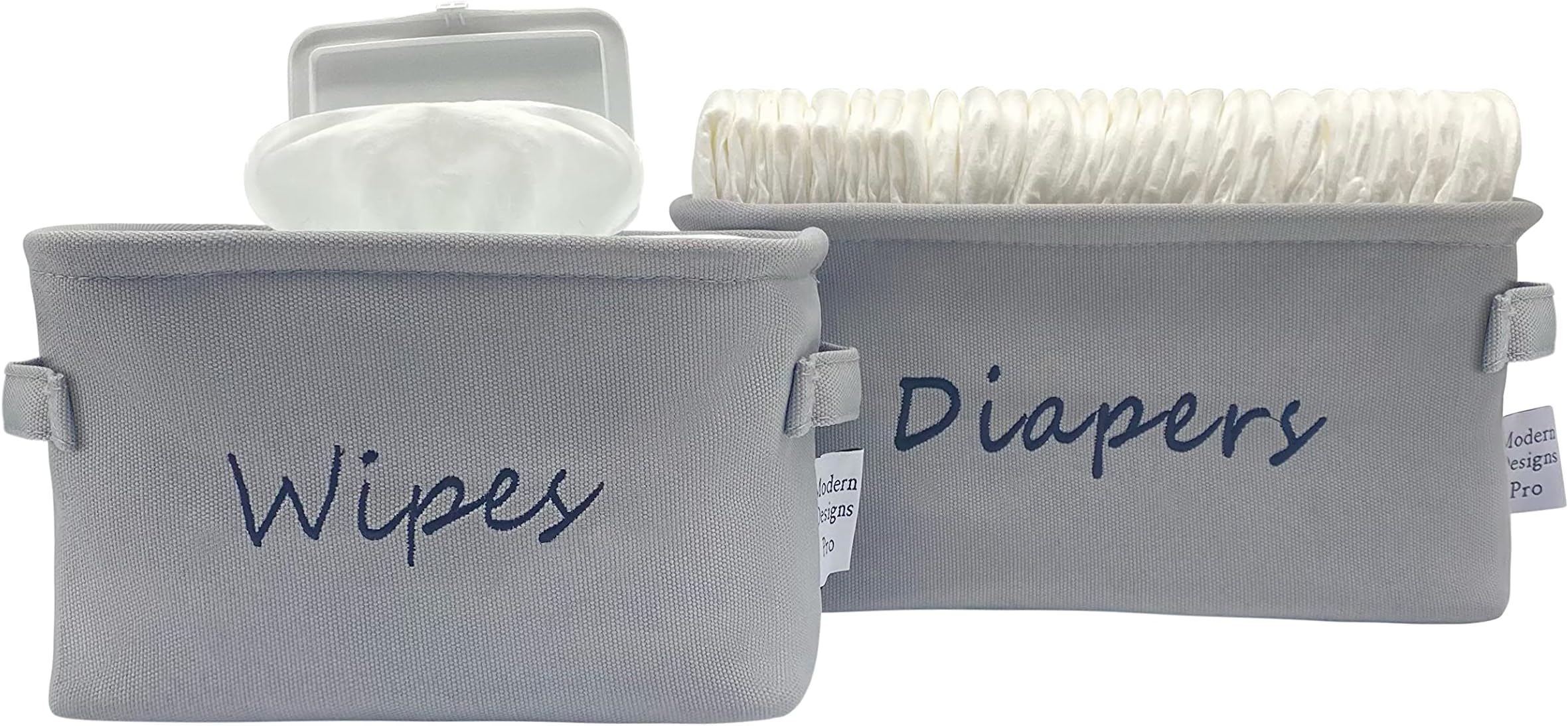 Embroidered Diaper and Wipes Caddy - Grey Diaper and Wipes Storage Baskets for Nursery - Changing Table Organizer