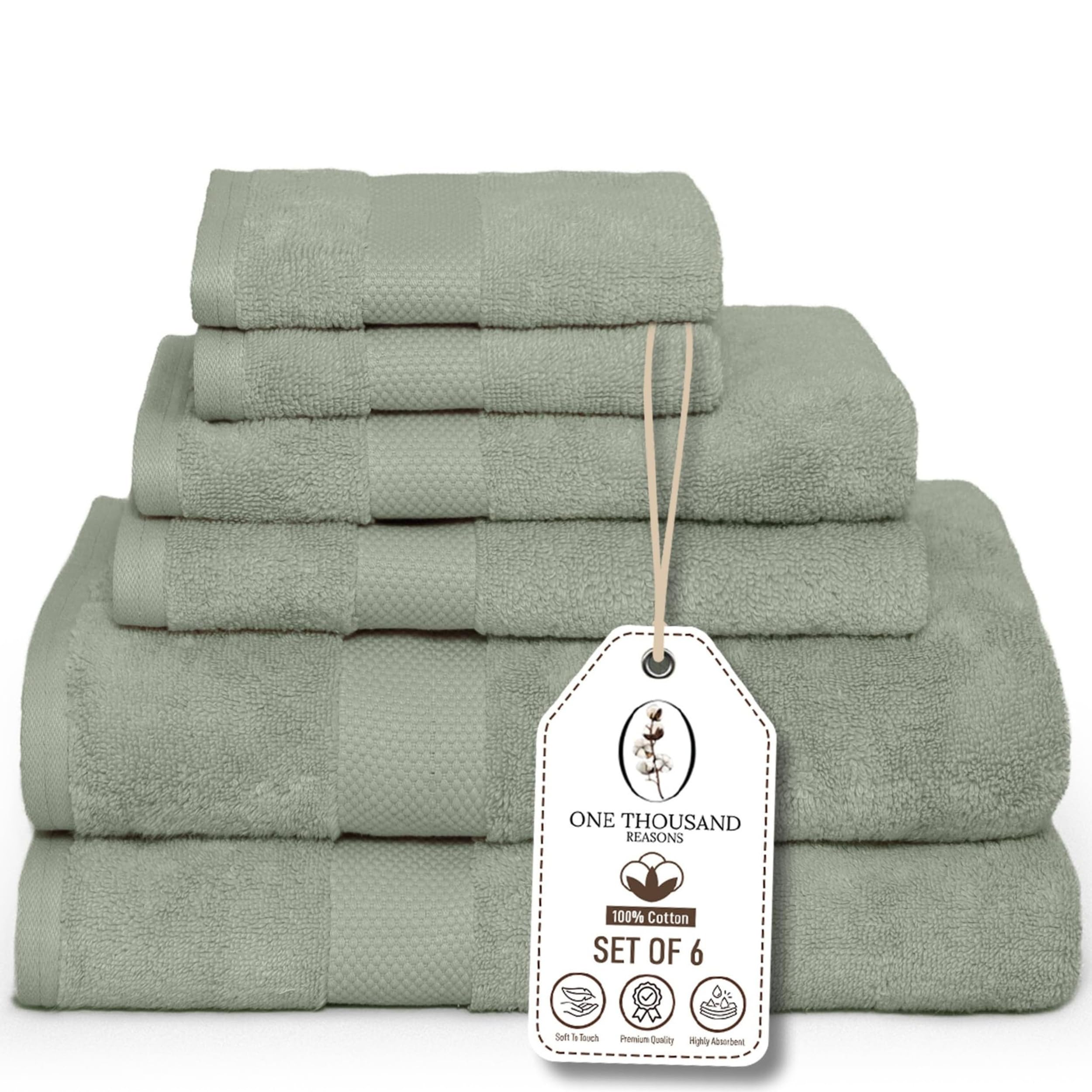 One Thousand Reasons Cotton Bath Towel Set, Sage Green, 600 GSM, 6-Piece | 2 Bath, 2 Hand…