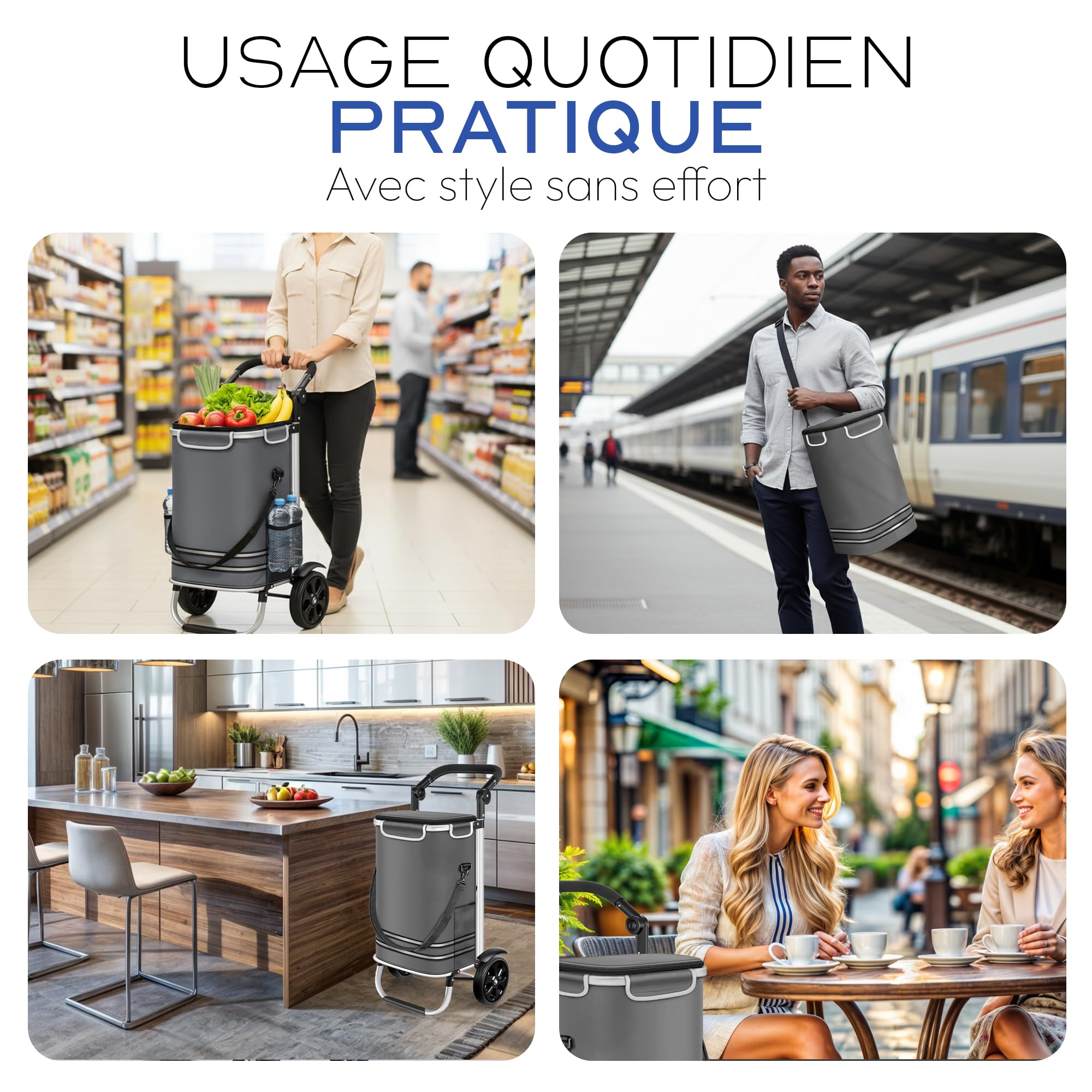 Dimono® Chariot de Courses Pliable 56 L avec Compartiment Isotherme | Trolley 3 en 1 amovible - caddie à roulettes imperméable - sac isotherme intégré - 30 kg