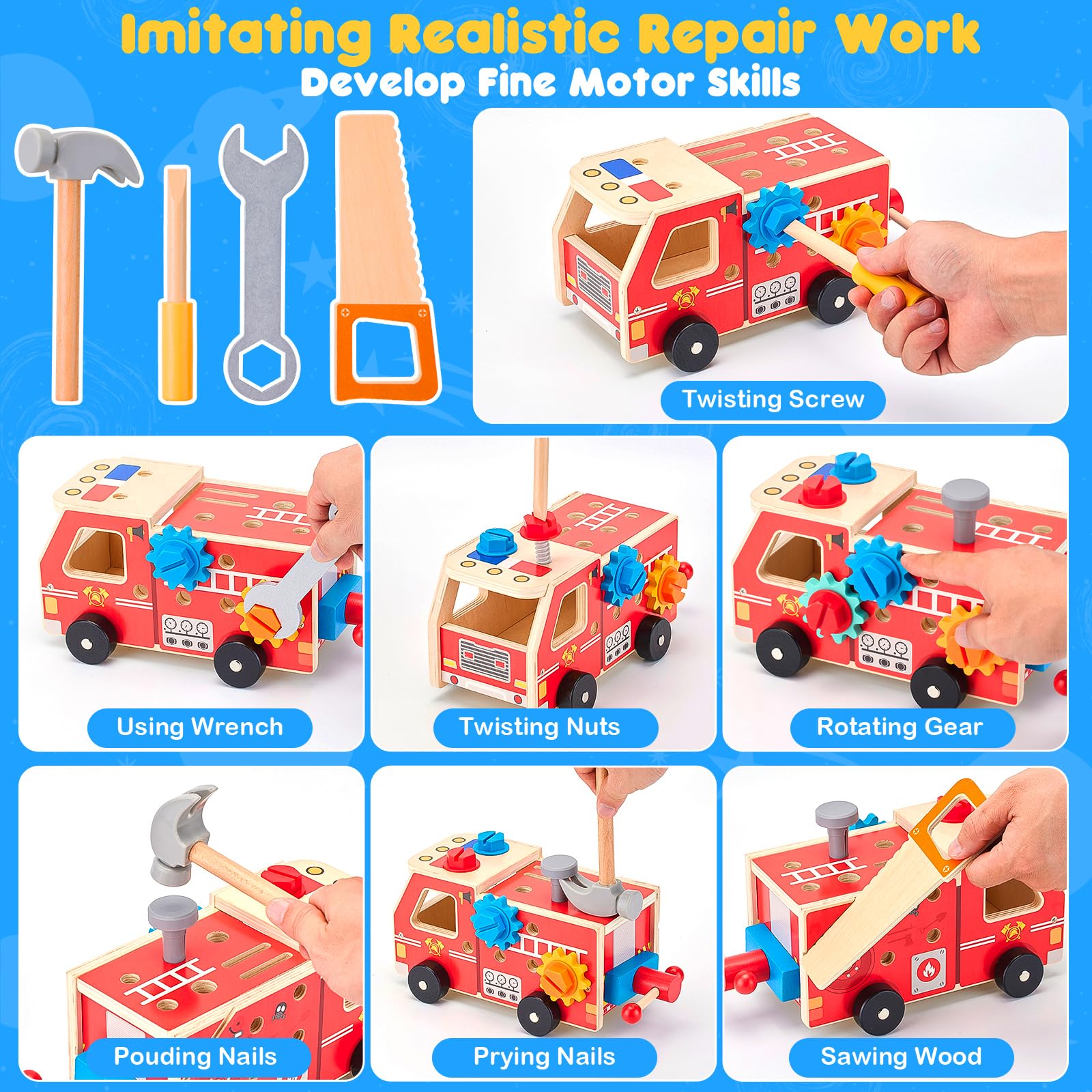Zorbly Kids Tool Set Firetruck Wooden Toys For 2 3 4 5 6 Year Old - Image 4