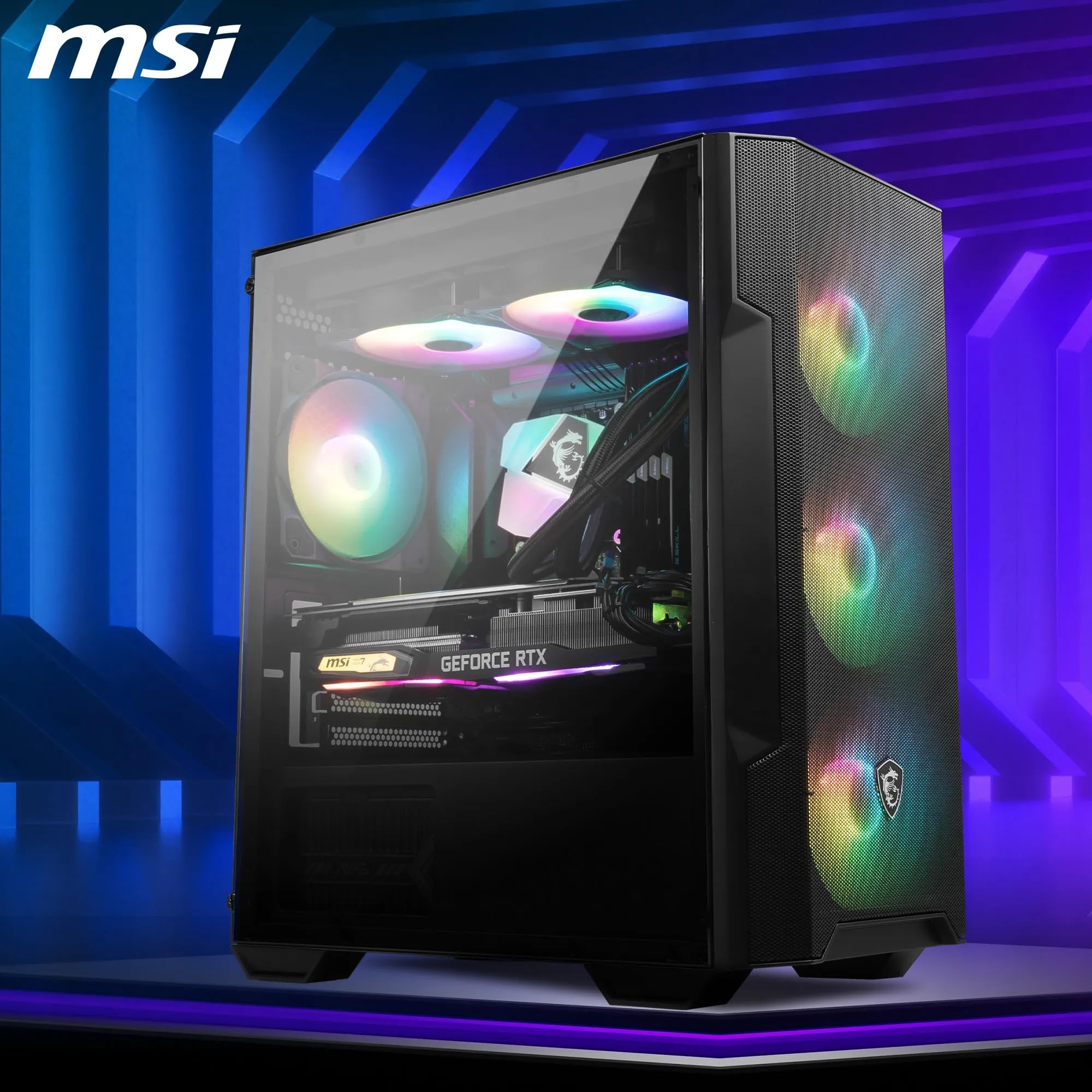 MSI MAG Forge M100R Boîtier PC Mini-Tour - Verre trempé, capacité Micro-ATX et Mini-ITX, Panneau Avant en Maille, 4 Ventilateurs ARGB de 120 mm avec contrôleur Hub, Filtre Anti-poussière magnétique