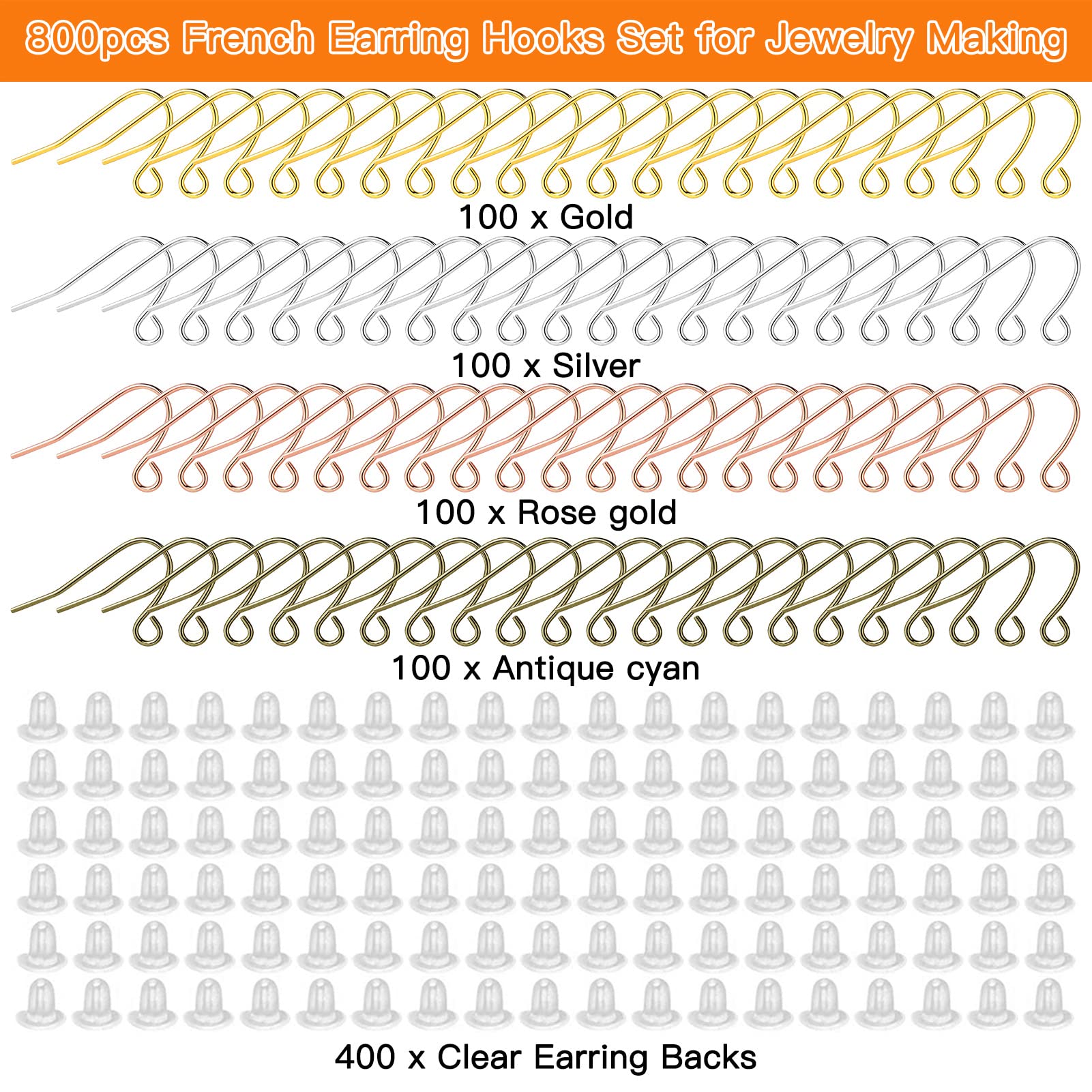 800pcs Earring Hooks for Jewelry Making,Includes 400pcs Hypoallergenic Earring Hooks and 400pcs Earrings Backs,French Ear Wires for Women DIY Craft(4 Colors)