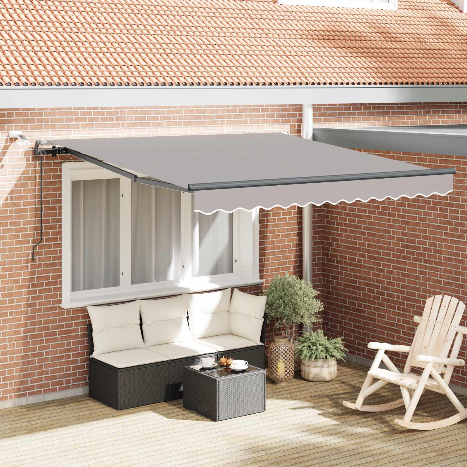 Qnhdfrt Markise mit Gestell und Fernbedienung 300 x 250 cm, Elektrische Gelenkarmmarkise aus Polyester für Terrasse und Balkon, Einziehbarer Sonnenschutz in Hellgrau Garden