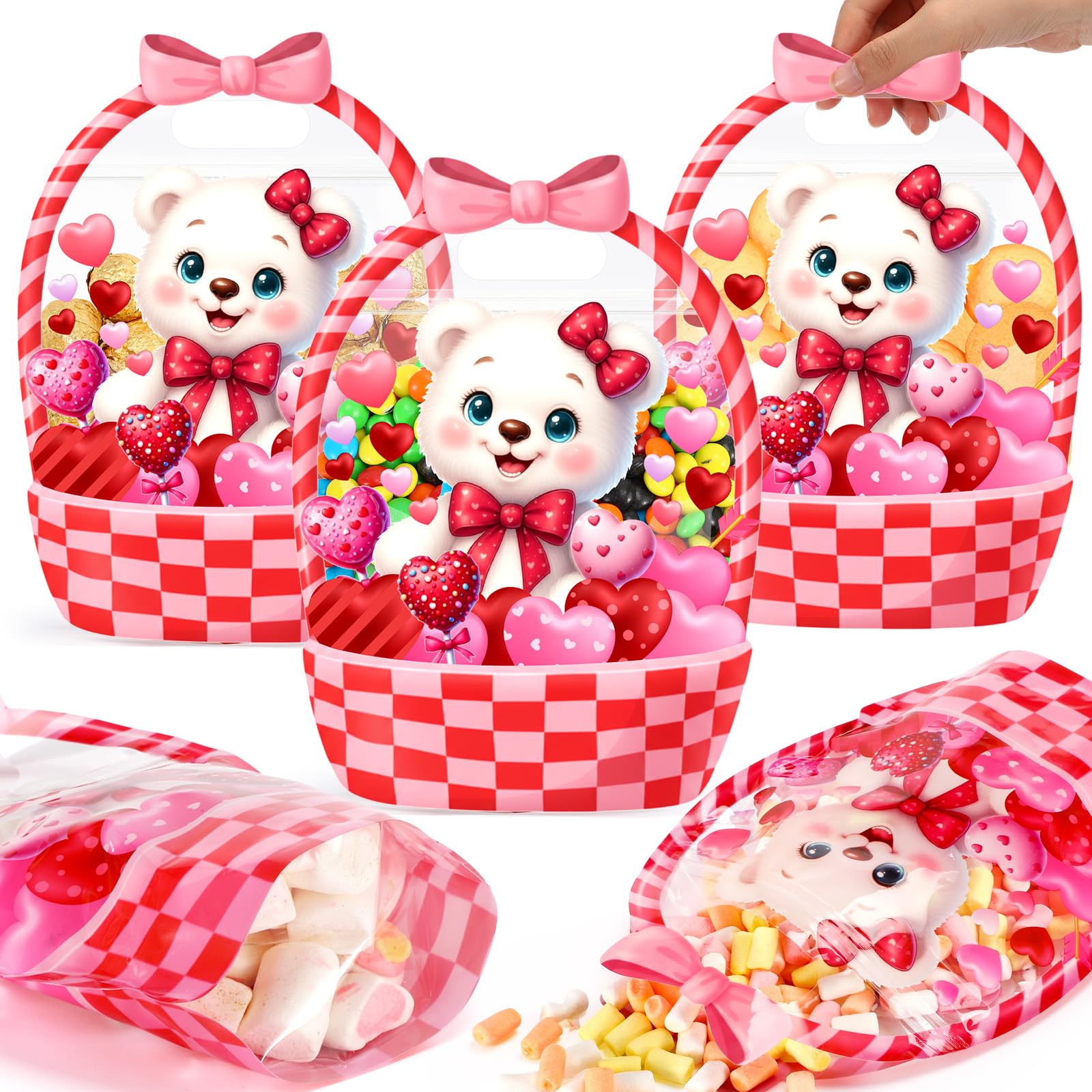 Fuutreo 50 Pcs Valentine's Day Gift Bags Valentine Bear Treat Bags with Handles Resealable Plastic Red Love Favor Pouches for Holiday Candy Wrapping, Party Goodie Supplies Romantic Gift Decor (Bear) — image 1