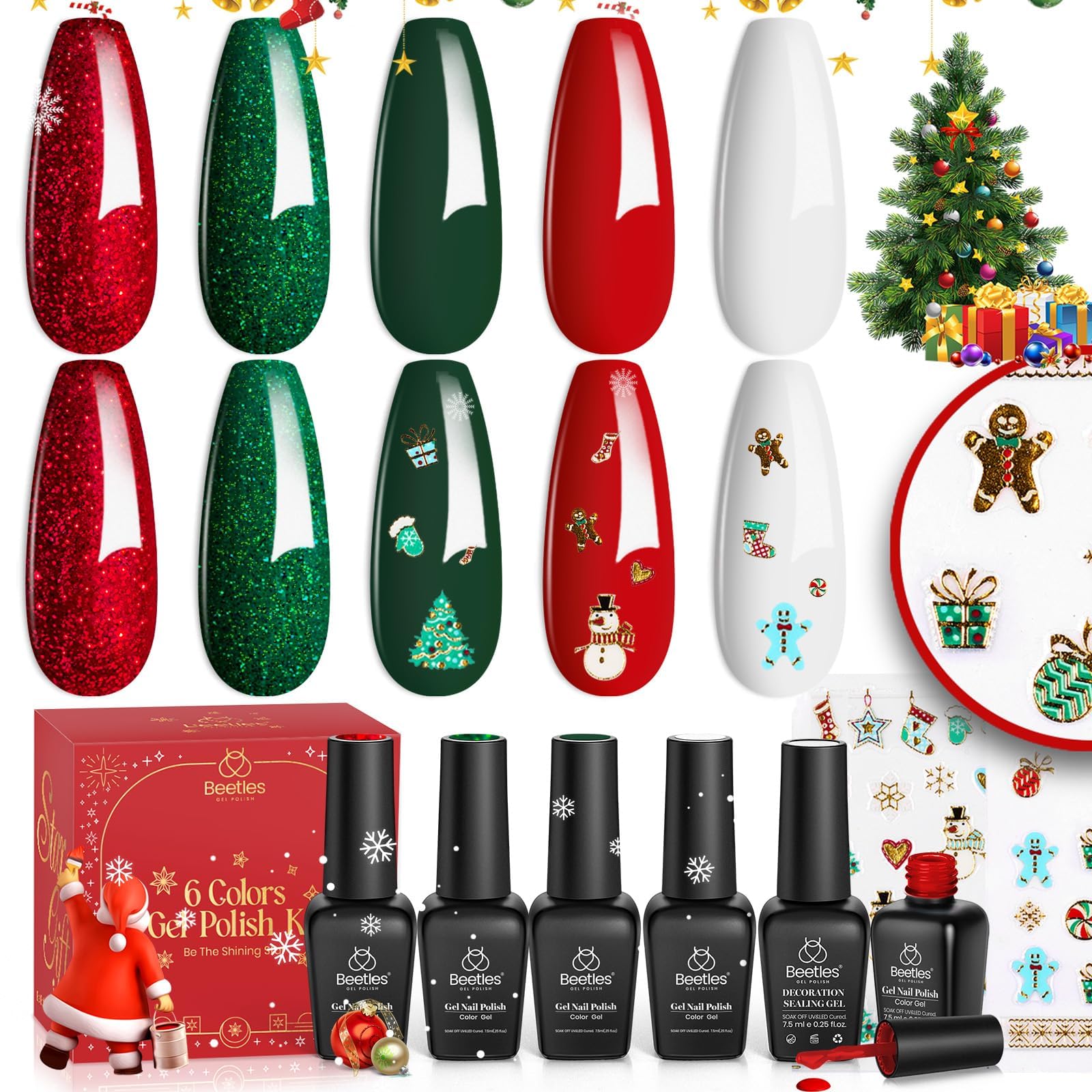 Gel Nail Polish Set - Christmas Holiday Series Glitter Burgandy Red Green Gel Polish Kit Soak Off UV LED Gel Nail Kit Manicure Gift with Nail Strengthener Gel and Christmas Stickers