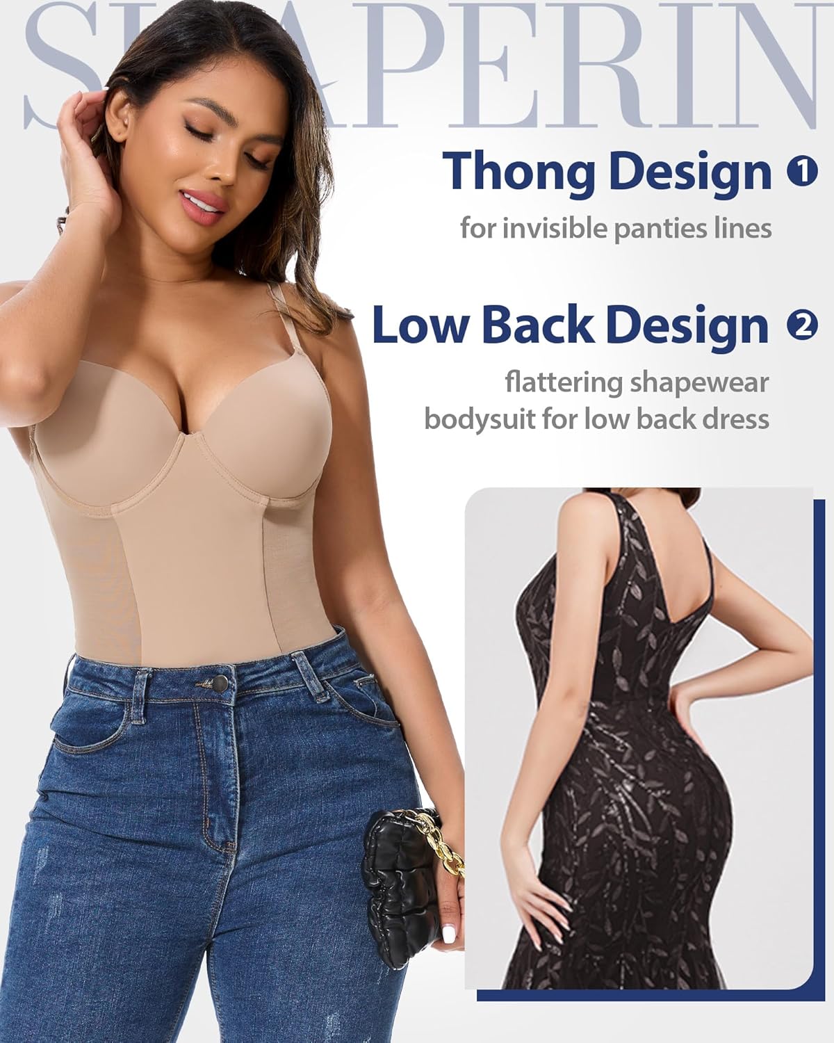 SHAPERIN Shapewear Bodysuit for Women Built in Bra Tummy Control Body Suit Backless Thong Low Back Body Shaper - Image 5