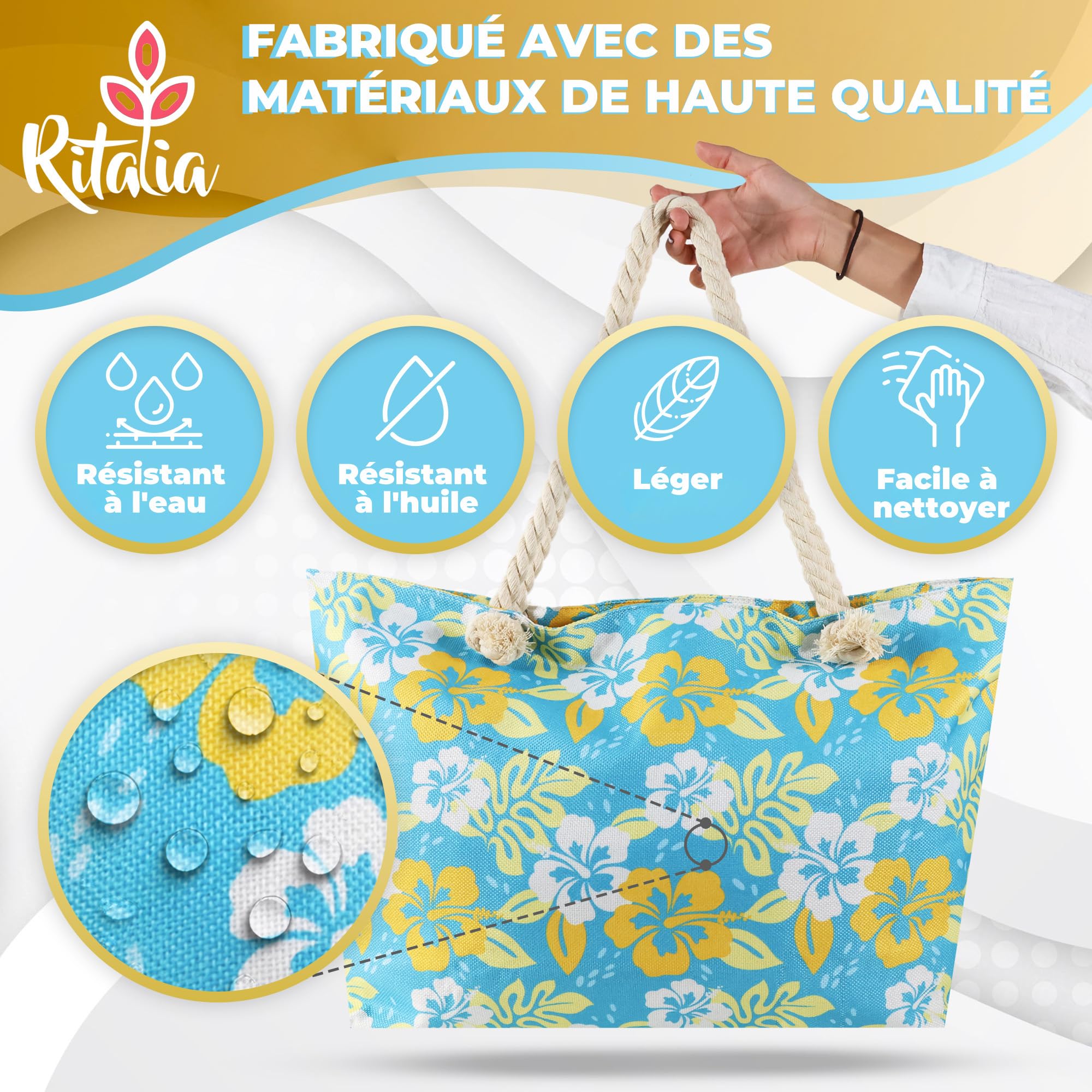 Ritalia® Grand sac de plage XXL familial | Sacs de plage pour femme et sac de piscine | Sac de plage imperméable avec fermeture éclair | Panier de plage pour femme | Sac de plage pour familles