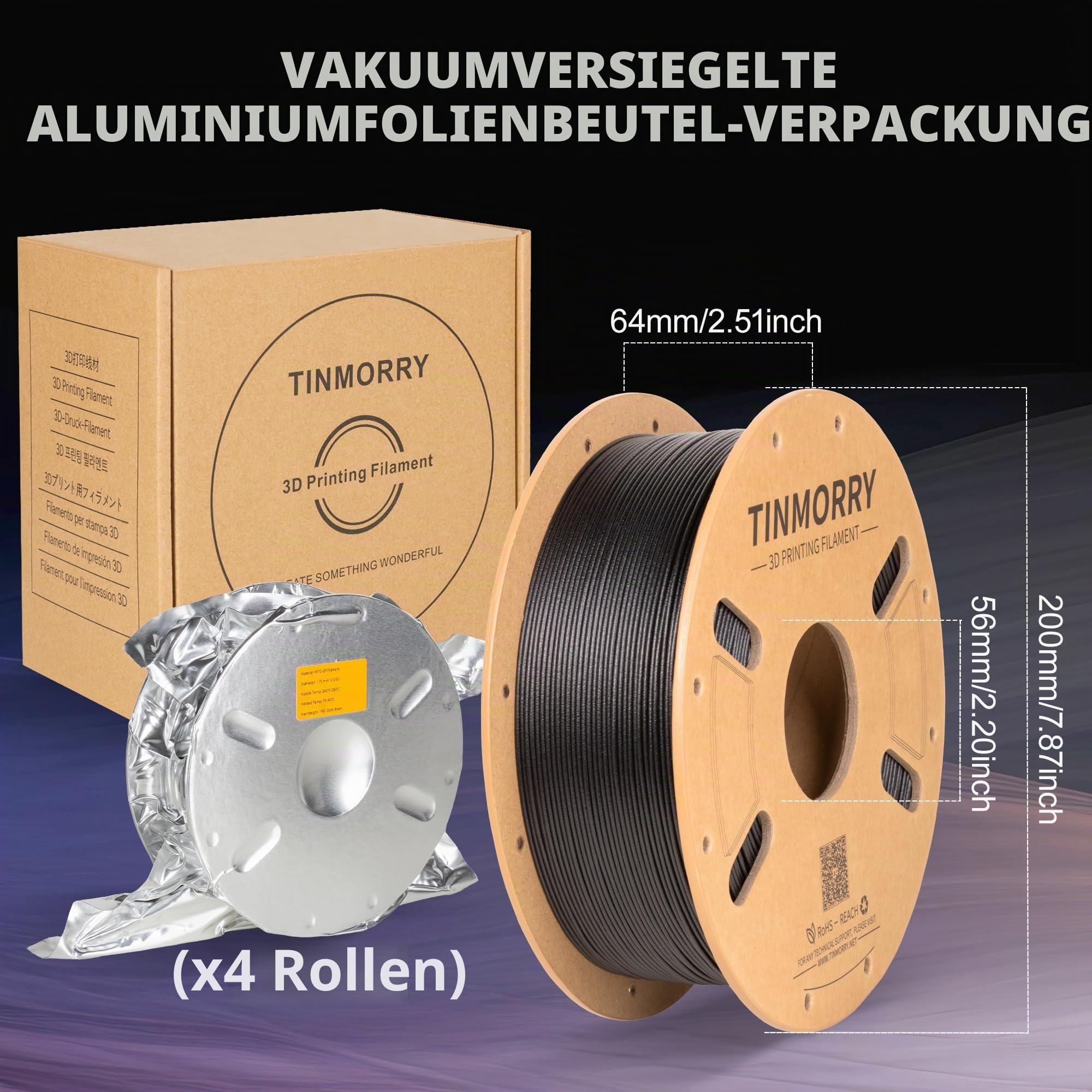 TINMORRY Glasfaser PETG Filament 1.75mm, PETG-GF 3D Druck Filament, 1 KG x 4 Spulen, Frosted Schwarz