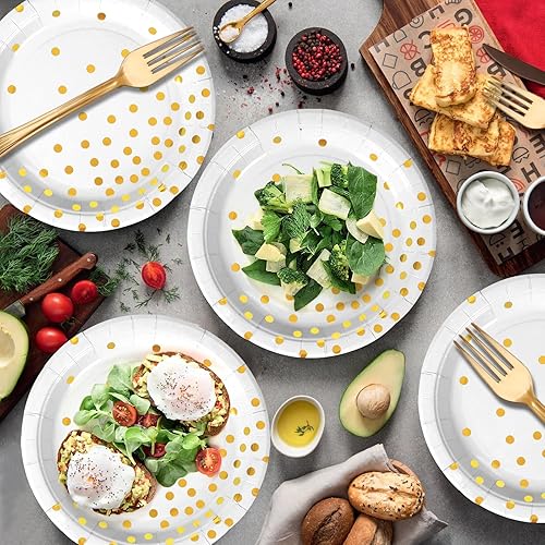 Miniatura 7 de Platos y tenedores de papel para fiestas, juego de vajilla de papel desechable blanco y dorado, 25 platos de postre de papel de 7 pulgadas + 25