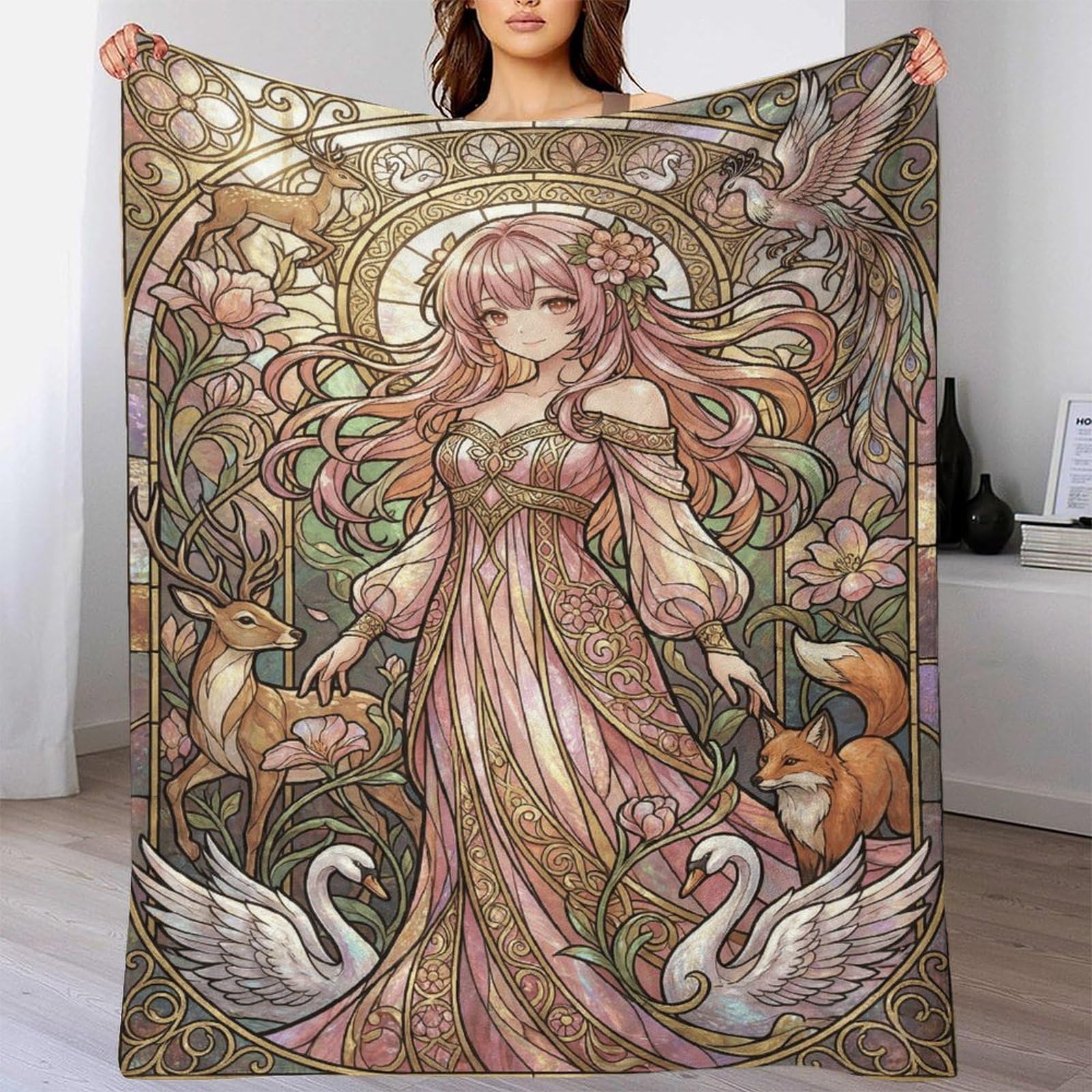 W7C8U2X3 Art Nouveau Mucha Anime Flannel Throw Blanket, Bedroom Sofa Couch