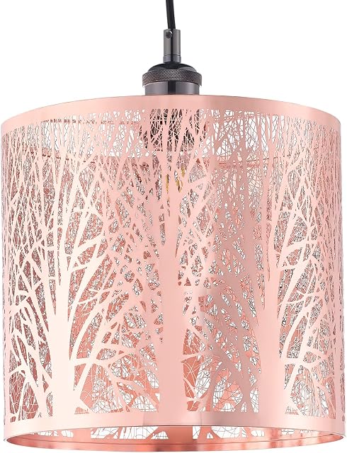 Unique and Beautiful Polished Copper Metal Forest Design Ceiling Pendant Shade When Lit The Light Escapes Through The Gaps and Casts The Forest Against The Walls and Ceiling by Happy Homewares