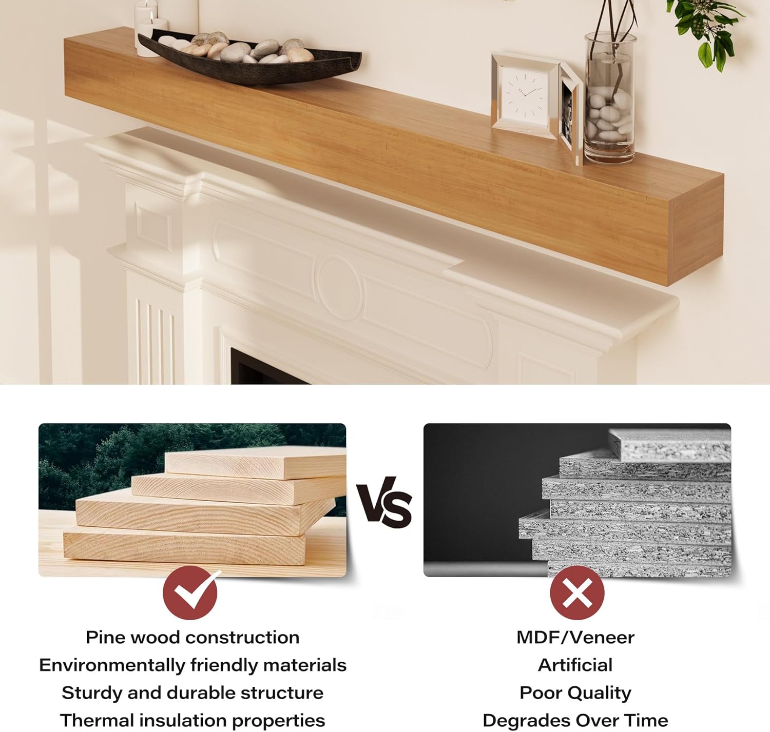 LAUSAINT HOME Fireplace Mantel, 60 Inch Solid Floating Mantel Shelf with Hidden Brackets for Fireplace, Modern Farmhouse Style Wood Mantels for Fireplace for Living Room Home Decor