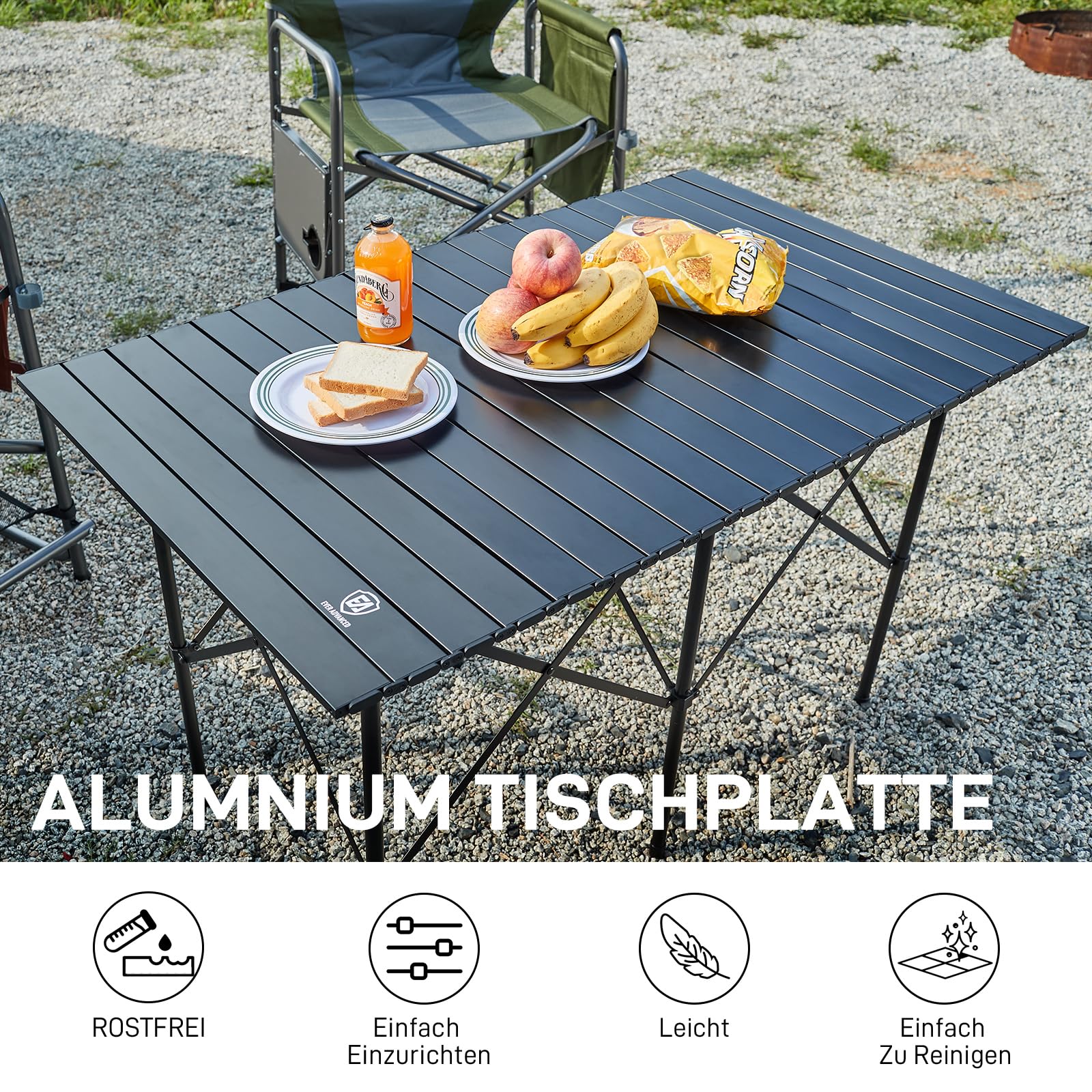 EVER ADVANCED Campingtisch Klappbar 116X70CM für 4-6 Personen Klapptisch 80KG Belastbar, Aluminium Tischplatte, Falttisch mit Tragetasche für Camping Picknick Garten Balkon Schwarz