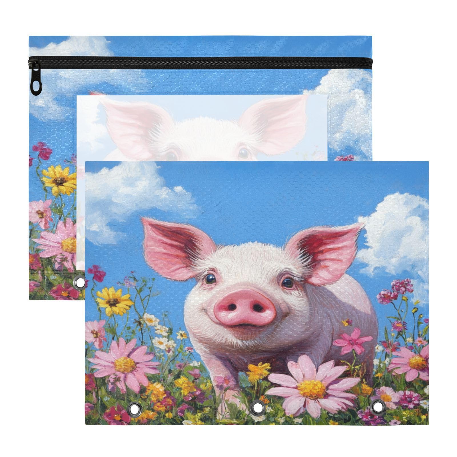 Wusikd Pig Blue Sky Pencil Pouch for 3 Ring Binder 2 PCS Meadow Flowers Binder Pouches with Zipper Clear Pencil Bag for Office College School Supplies