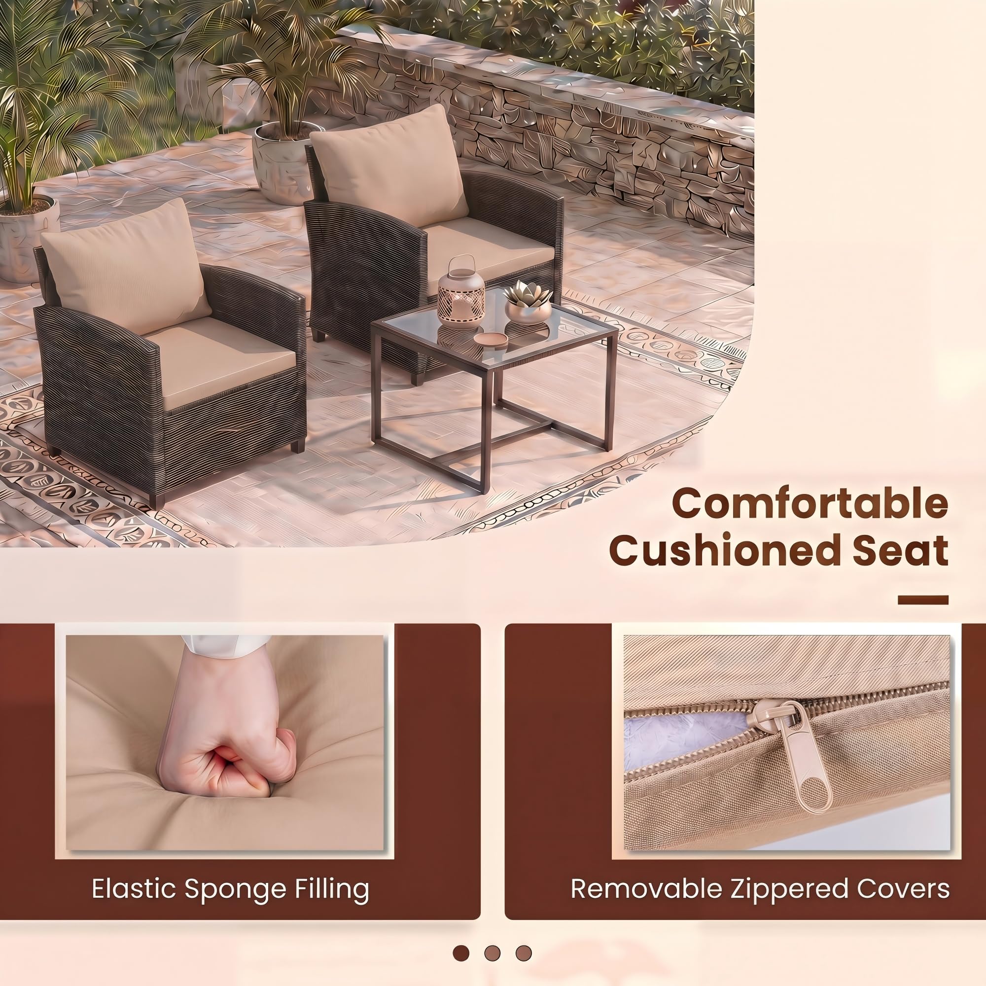 GIANTEX Juego de Muebles Jardín Exterior 3 Piezas, 2 Sillones con Cojines y 1 Mesa de Café de Vidrio, para 2 Personas, Conjunto de Conversación para Balcón, Terraza, Patio (Marrón+Café)