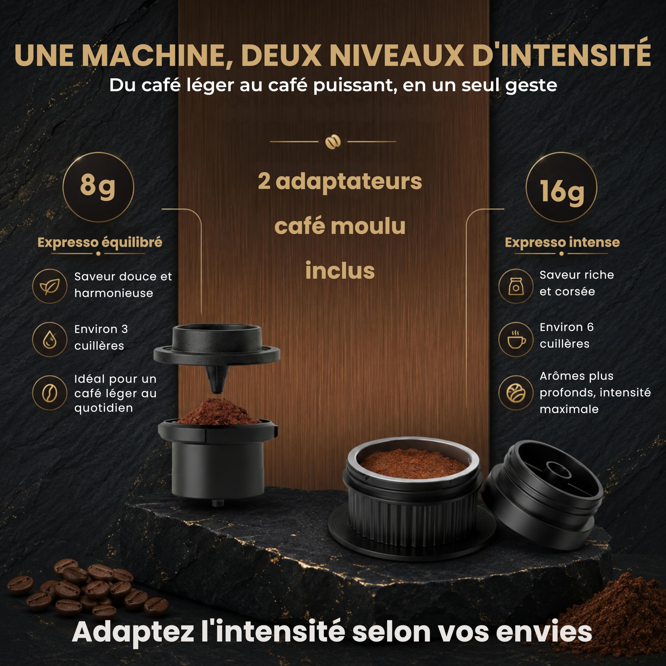 Machine à Café Portable Électrique 20 Bar Auto-Chauffante – 3 EN 1 Compatible Capsules NES®, DG® et Café Moulu – 2 Adaptateurs Café Moulu 8g et 16g – LED – USB-C (GRIS, + sac et support)