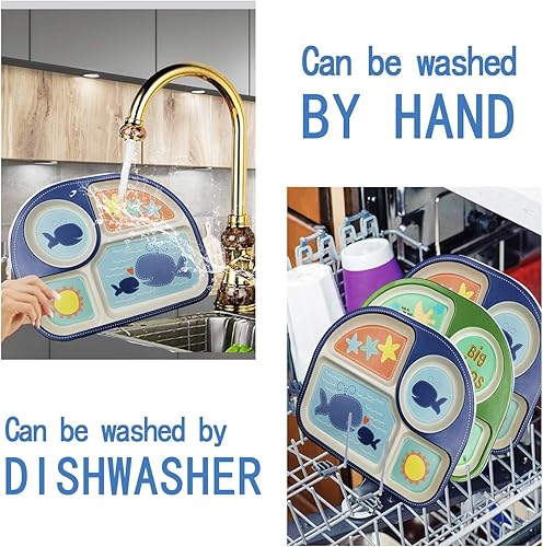 Miniatura 5 de Juego de platos y cuencos para niños pequeños, vajilla para niños, platos de bambú con dibujos animados, tenedor, cuchara, tazón, tazón, platos