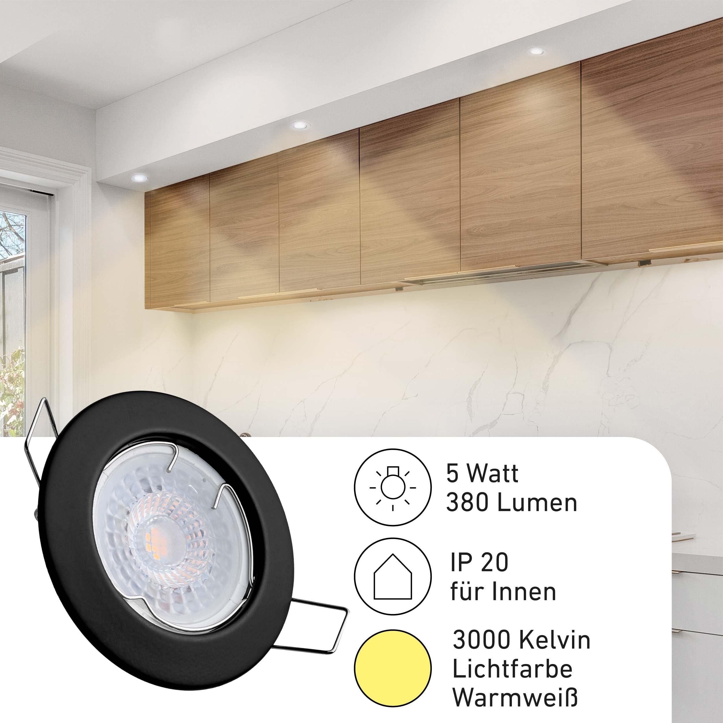 Oktaplex Set de 6 Foco Empotrable LED Regulable - 230V Luz de Techo 5W 3000K 380lm Blanco Cálido 110° - Ojos de Buey Techo Negro 60mm Marco Redondo