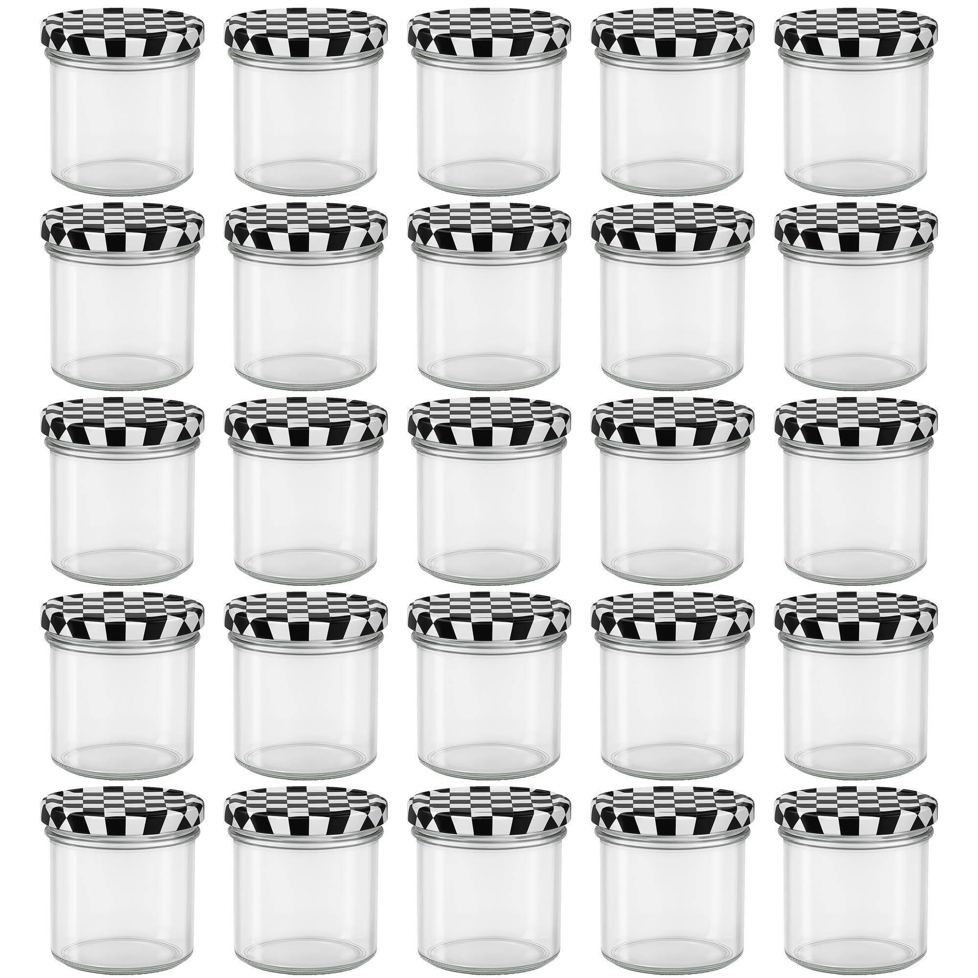 hocz 25x Marmeladengläser 125 ml | mit Deckel Schwarz Kariert TO 66 | mit Etiketten | Einmachgläser mit Schraubdeckel zum befüllen | Sturzgläser Marmelade Schraubgläser | leere Gläser Set | 25 Stück