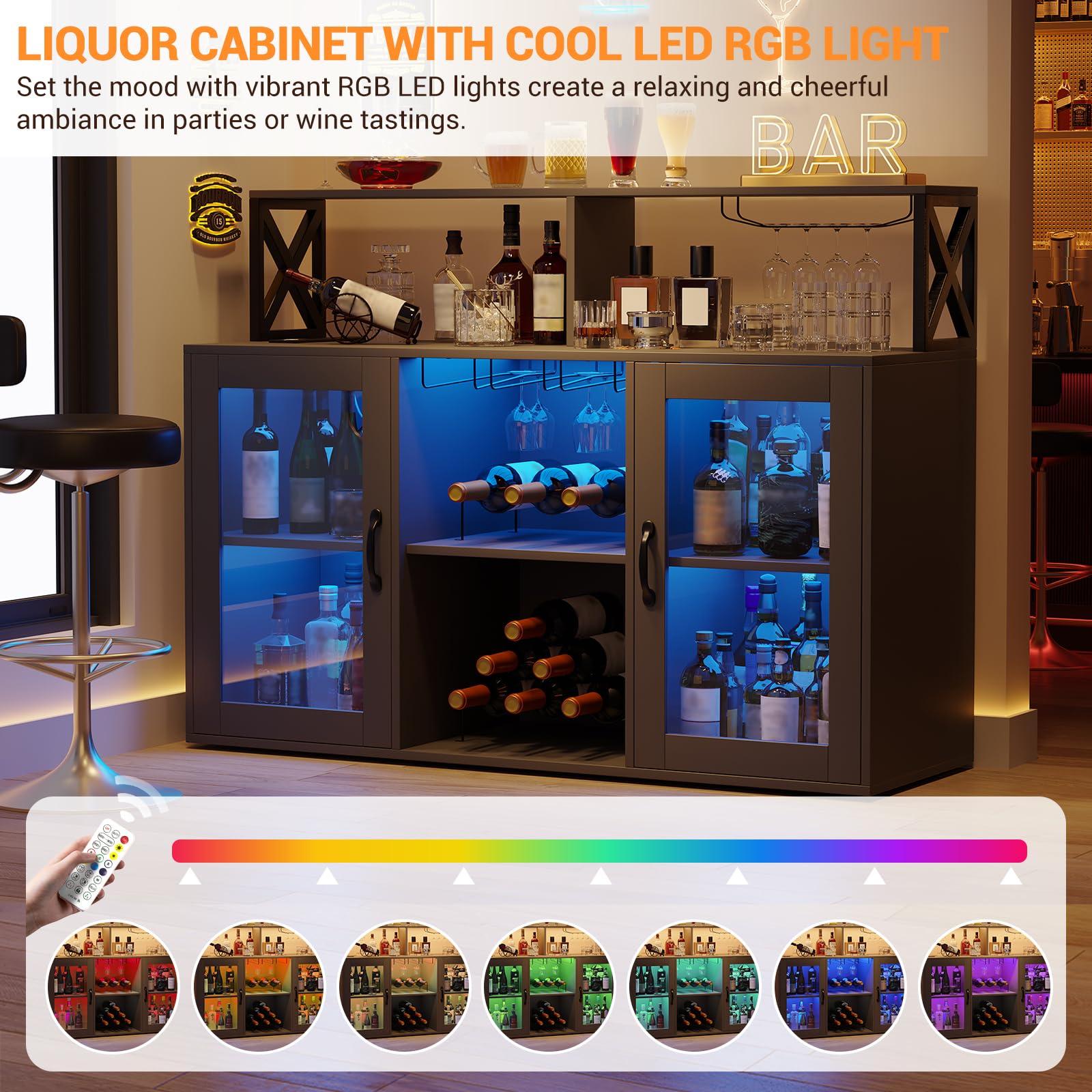 Garvee Mobile Bar Industriale 2-in-1 con Luci LED e Prese, Buffet con Portabottiglie, Portabicchieri, Ripiani Aperti, per Cucina, Sala da Pranzo, Soggiorno, Nero