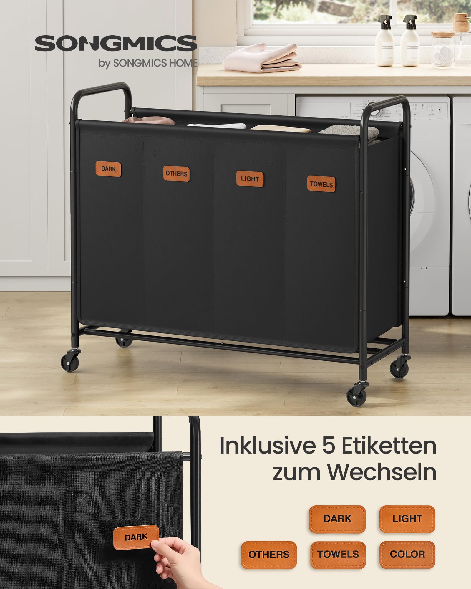 SONGMICS Wäschekorb mit Rollen, Wäschesammler 4 Fächer, 200 L Wäschesortierer, beweglicher Wäschewagen, 5 Etiketten, für Waschküche, Schlafzimmer, Badezimmer, tintenschwarz RLS460B01