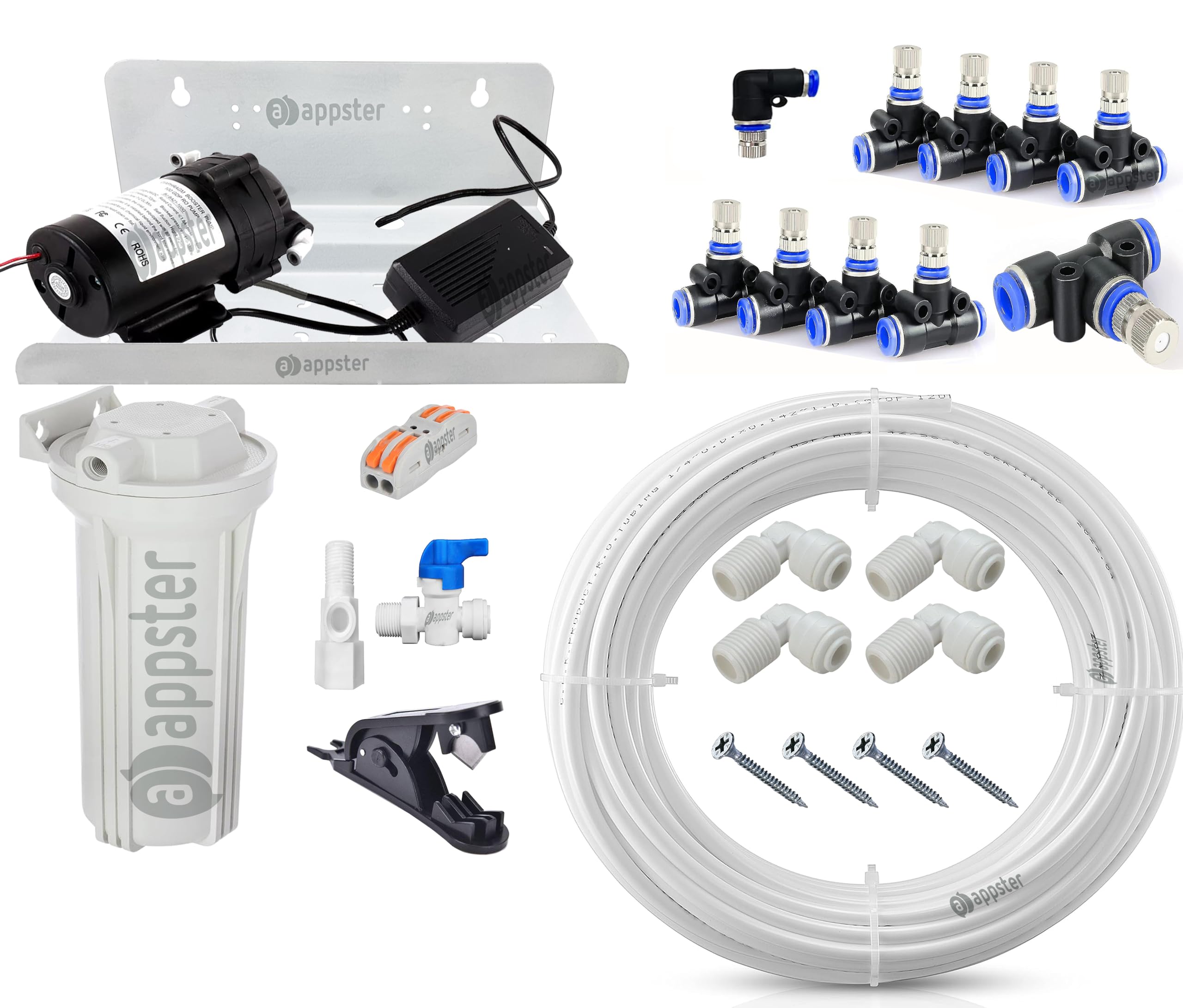 APPSTER 10 Nozzle Premium Misting System Kit Suitable for DIY Sanitization Tunnel Fogger Sprayer Fogging Cooling Complete Mist Kit Sprinkler for Outdoor Balcony Cafe Garden Poultry Dairy Farms