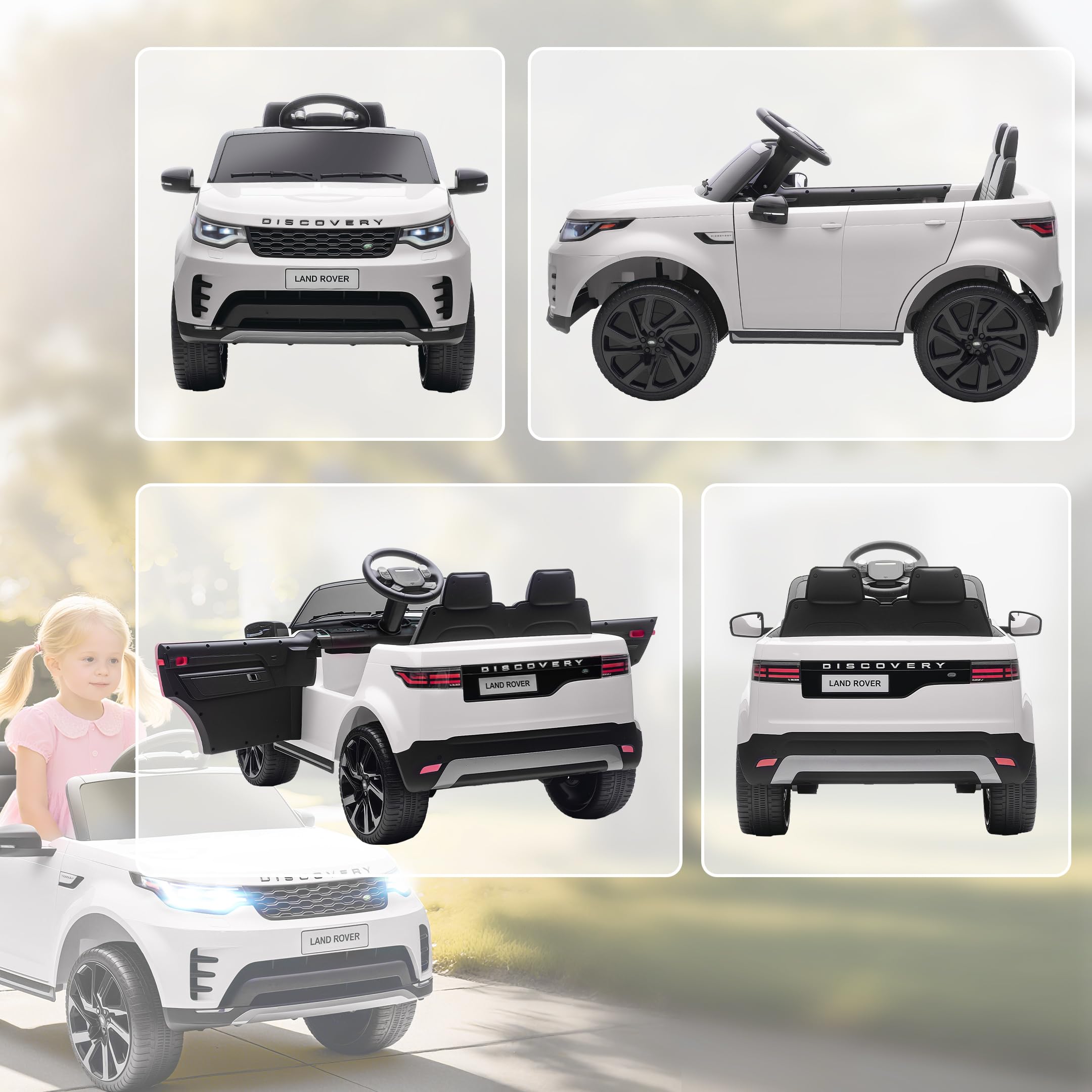 AIYAPLAY Macchina Elettrica Bambini Licenza Land Rover Discovery 12V Bianco | 3-6 Anni, 2.5-4.5 km/h, Auto Elettrica per Bambini, Sospensioni, Telecomando, USB, Musica, Fari, Clacson