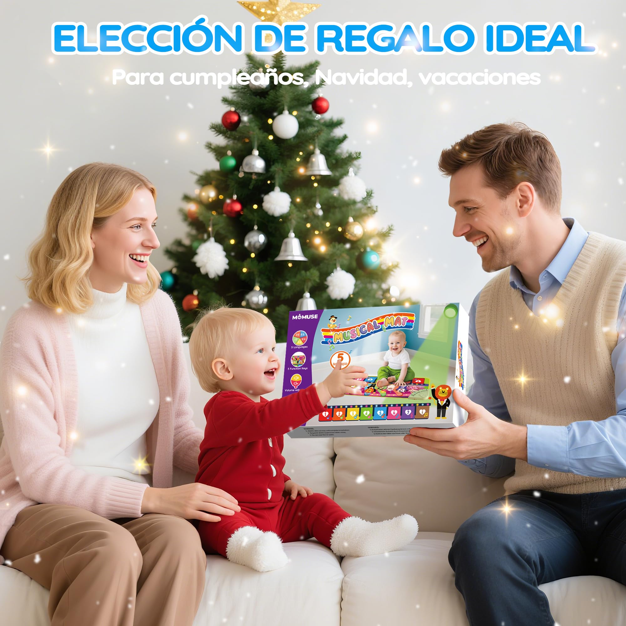 MOMUSE Alfombra Musical 5 Idiomas (ES/DE/FR/IT/EN), Juguetes Niños 1 Año, Piano Infantil Multilingüe con 9 Animales, Portátil, Ligero, Regalo Na-vidad/Cumpleaños para Bebe Niñas Niños 1 2 3 4 Años