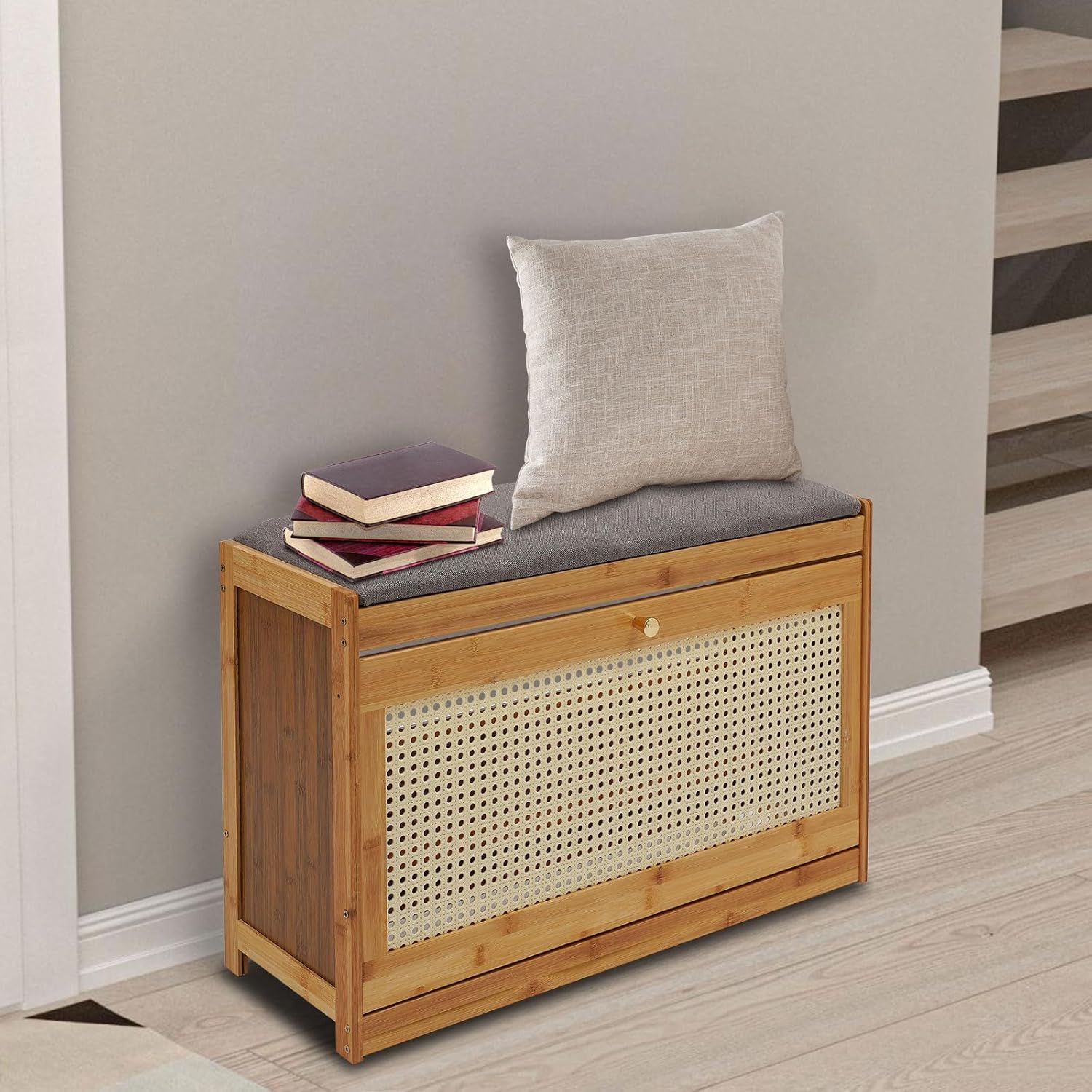 Bamboo Shoe Storage Stool Small Shoe Rack Bench with Storage 220 Lbs Load Capacity Shoe Organizer for Entryway Hallway Bedroom (Wood)