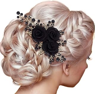 PAGOW Rose Flower Comb 6.1inch Black Hair Clip Bridal Women Accessories Bride Headpiece Gift for Wedding Party Prom Chrismas Valentine's Day Long Thick Hair