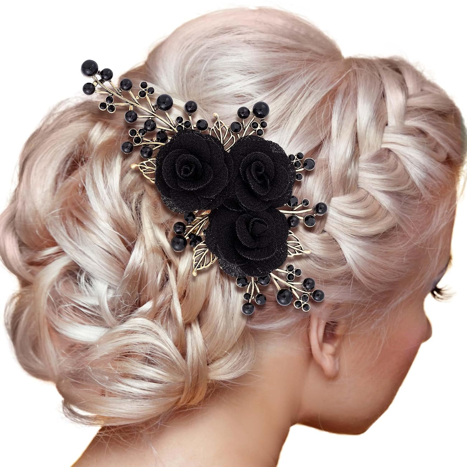 PAGOW Rose Flower Comb 6.1inch Black Hair Clip Bridal Women Accessories Bride Headpiece Gift for Wedding Party Prom Chrismas Valentine's Day Long Thick Hair