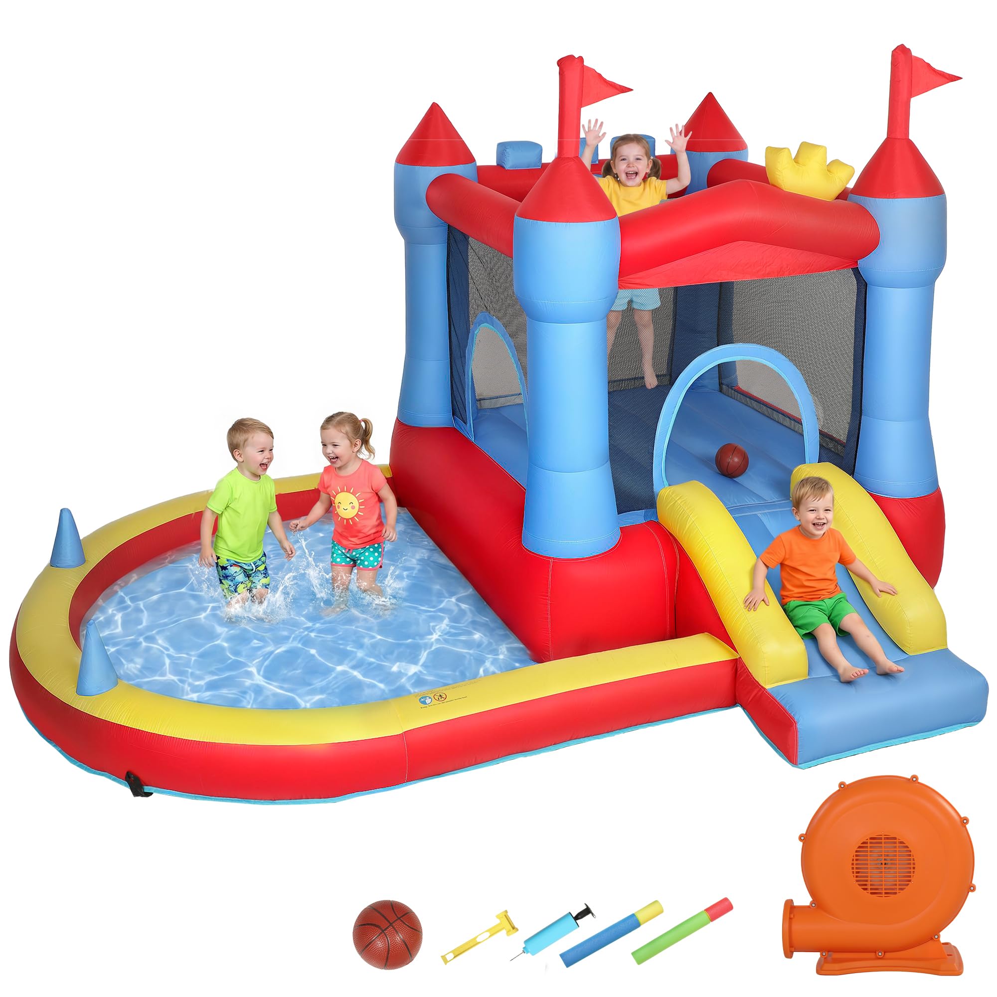 AIYAPLAY Castello Gonfiabile per Bambini 4 in 1, Parco Acquatico con Scivolo, Trampolino, Piscina Palline, Canestro Basket, Soffiatore, Borsa Trasporto, Interni Esterni, 3-8 Anni, 342x255x209 cm